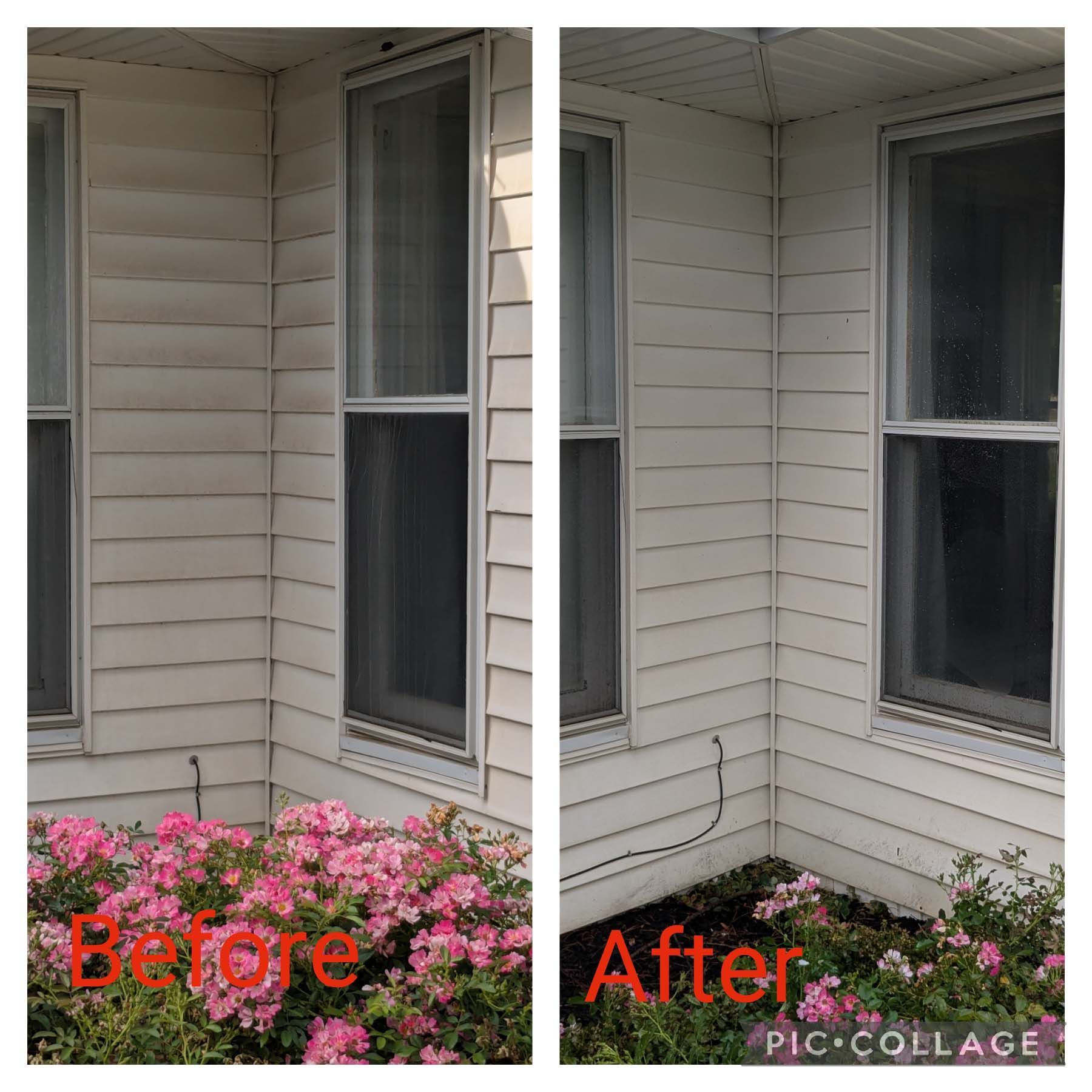 Before-and-after of a house corner with beige siding; pink flowers removed in the after image.