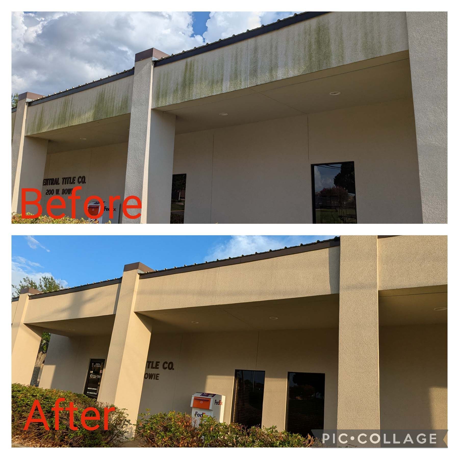 Before-and-after collage of a building exterior, showing mossy walls cleaned and brighter.