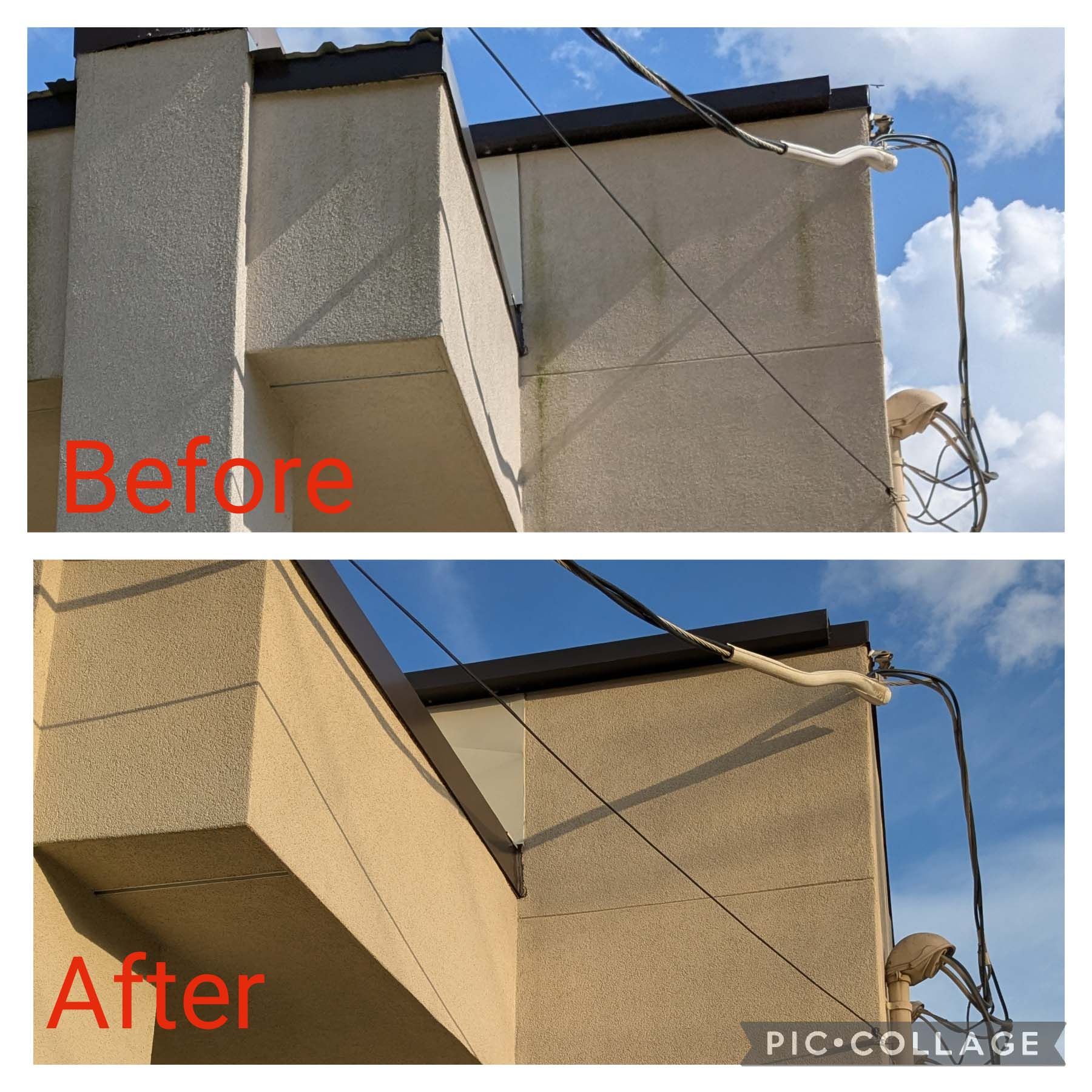 Before-and-after view of a building exterior with a repaired stucco wall and roof edge.