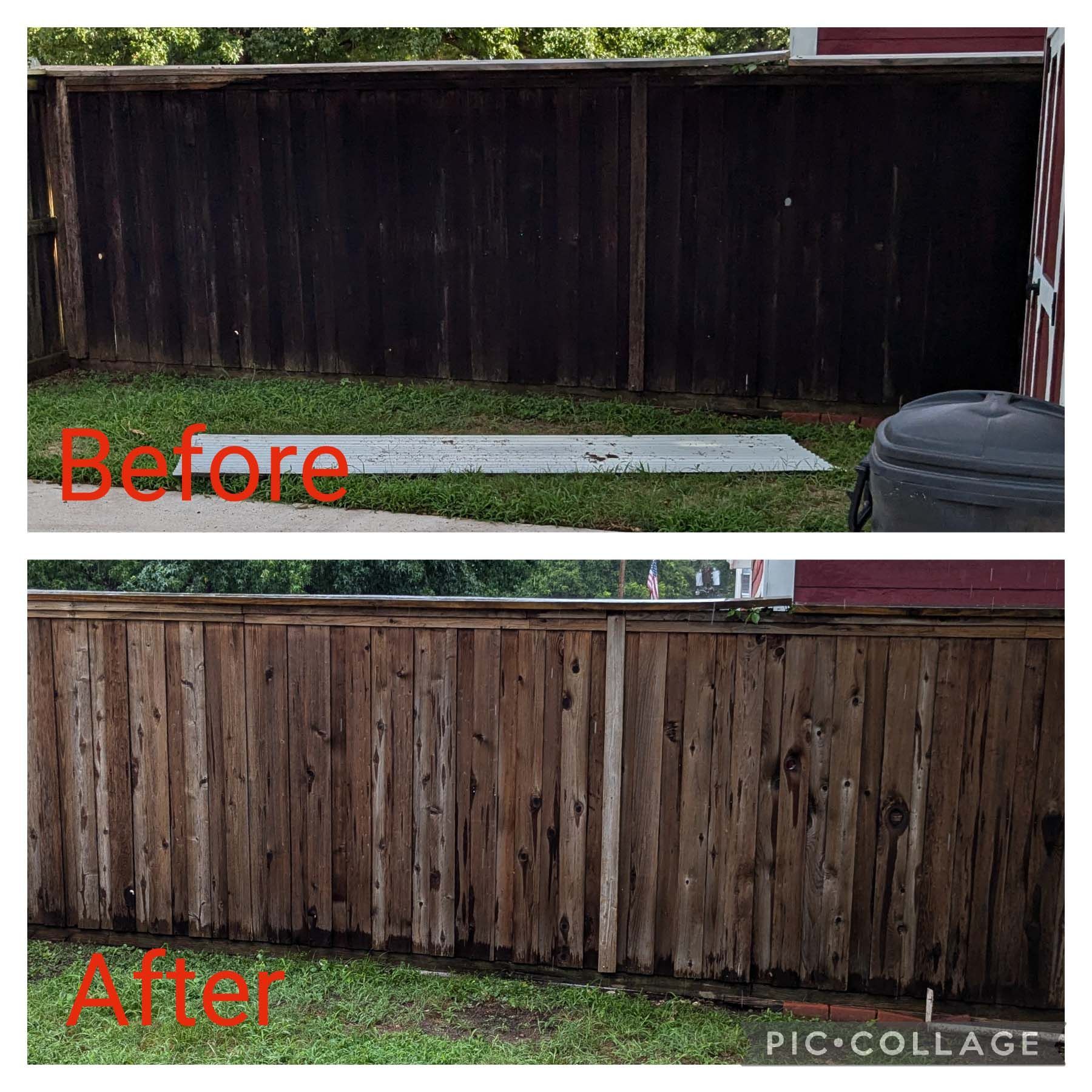 Backyard fence before and after cleaning: dark weathered wood becomes lighter and cleaner.
