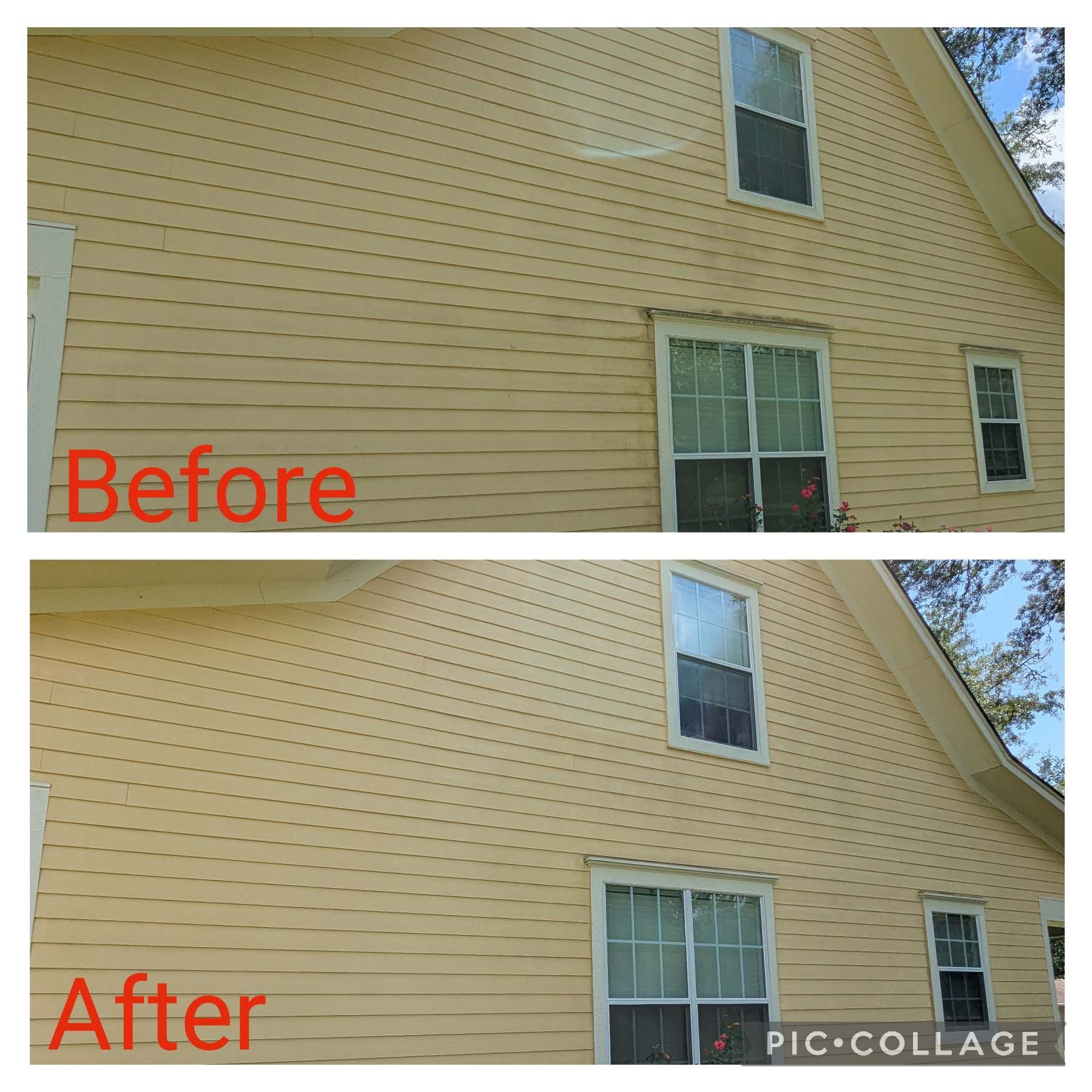 Before-and-after collage of a yellow house exterior, showing the siding cleaned or repainted.