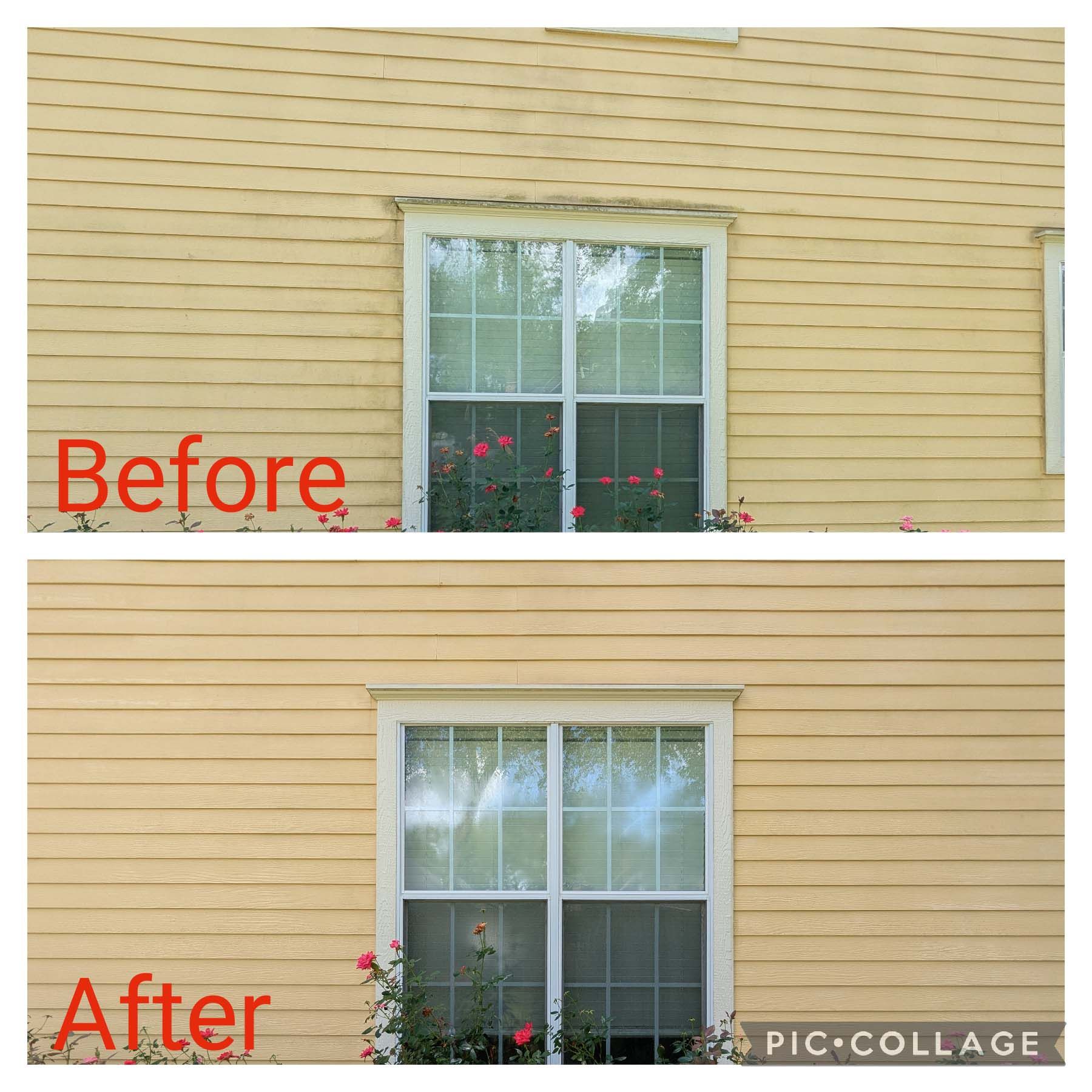 Before-and-after view of a house window with beige siding and flowers below, showing a replaced window trim.