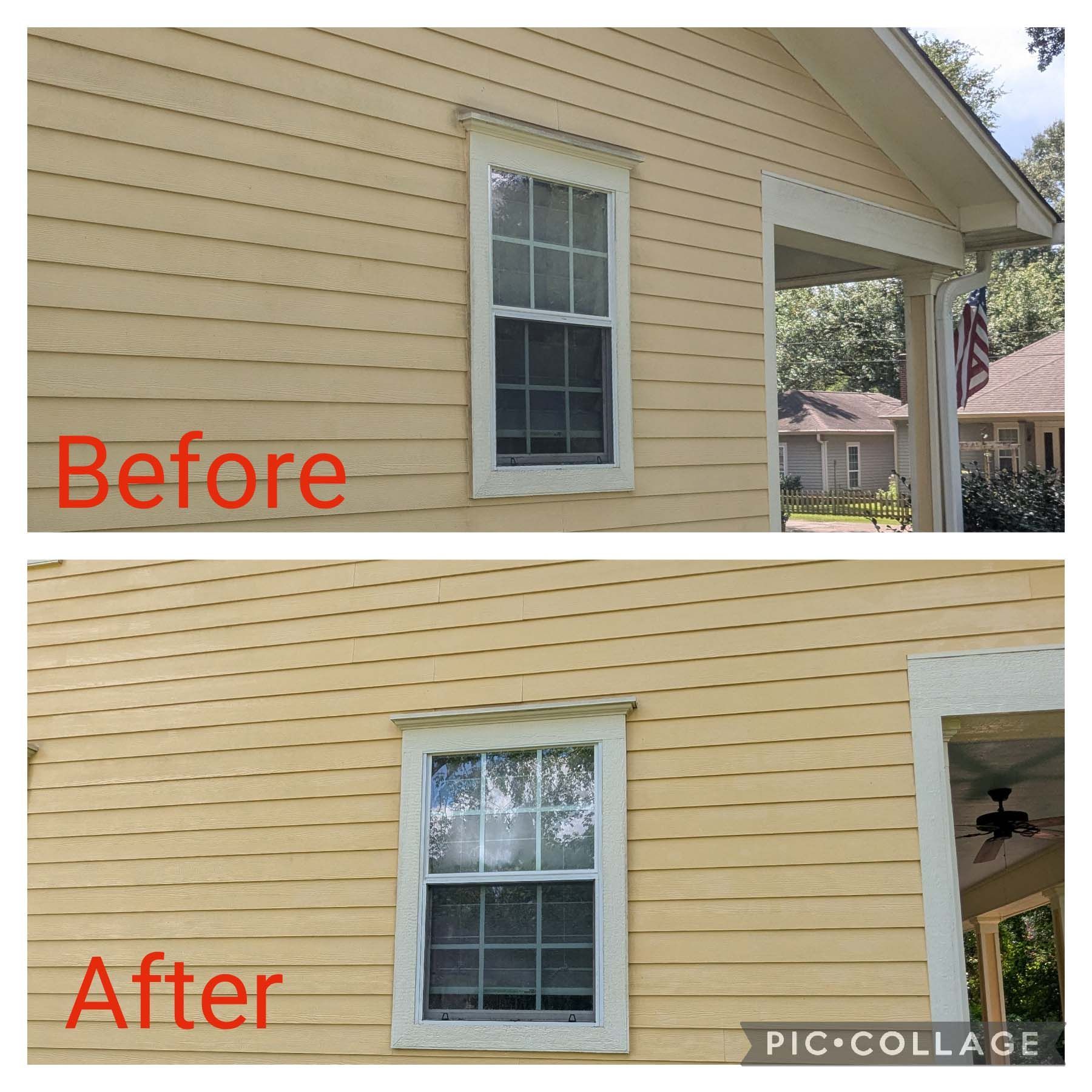 Before-and-after photo of a house window with beige siding, showing trim and window repainting.