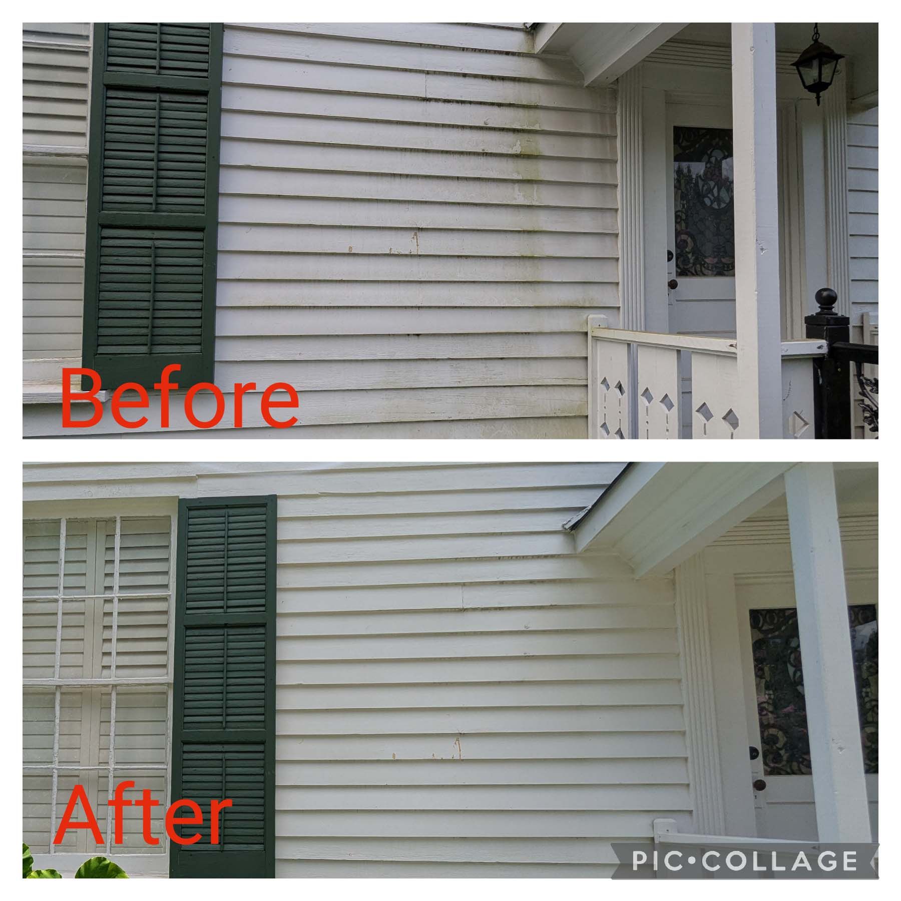 Before-and-after of a house exterior: white siding and green shutters updated to a brighter, cleaner look.