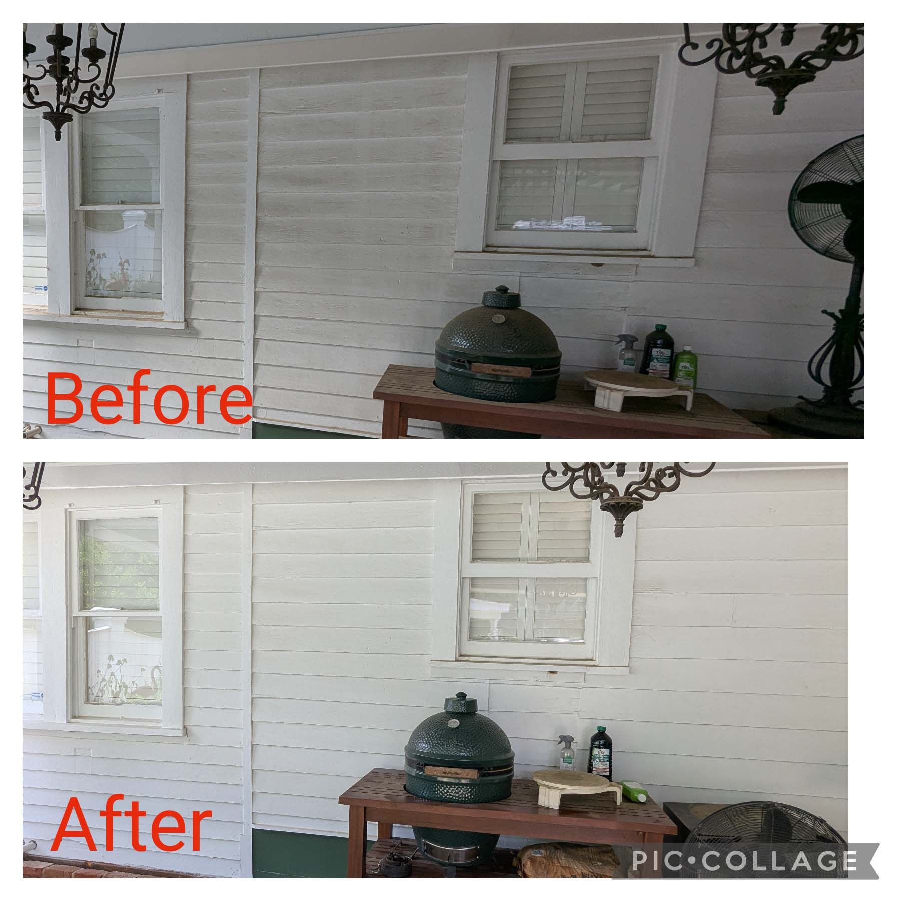 Before-and-after porch wall repainting, showing a white brick wall and windows with a table and grill.