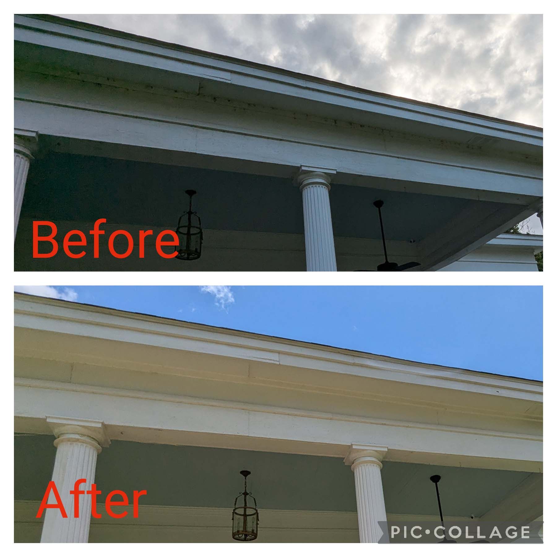 Before-and-after collage of a house porch roof and columns, changing from dark to bright white.