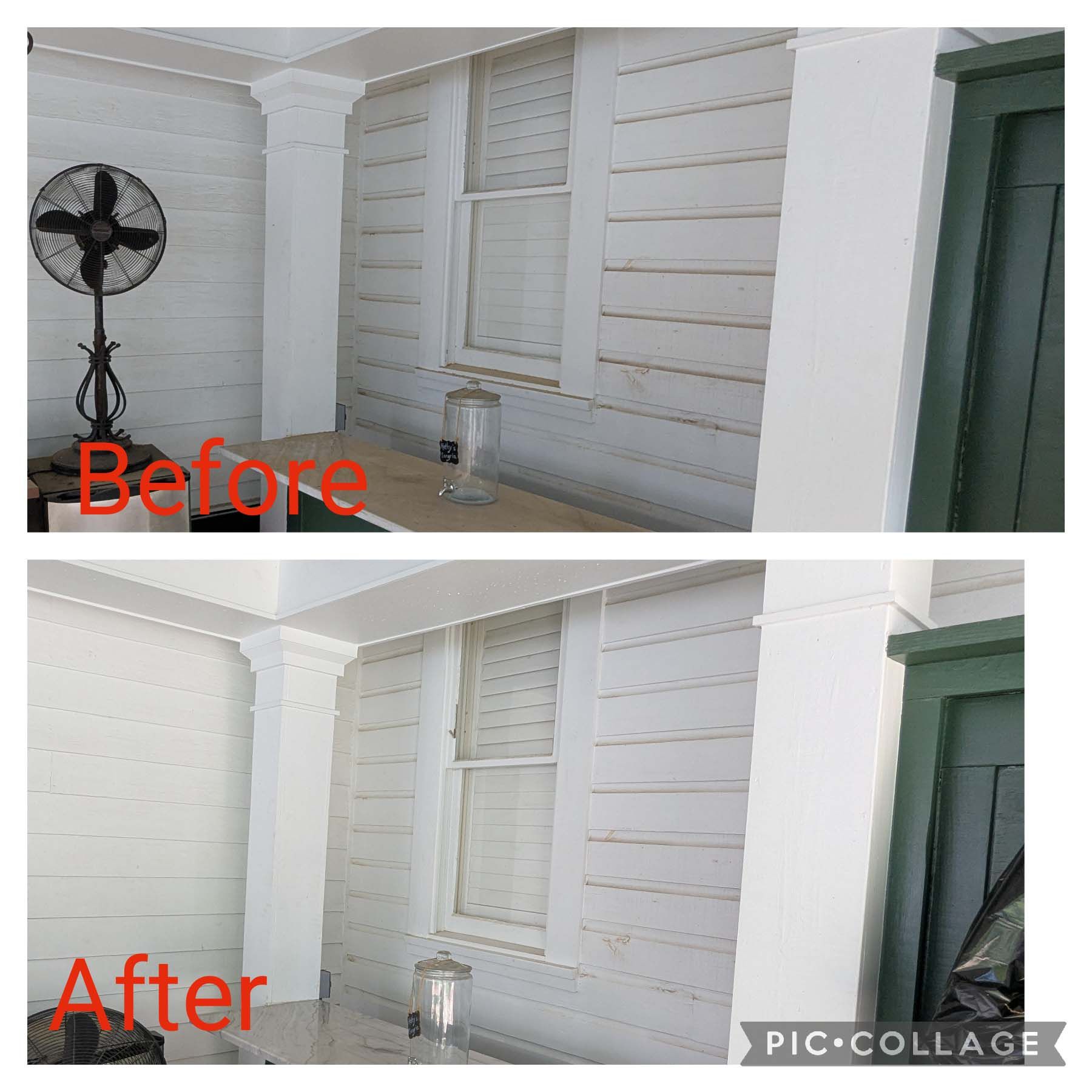 Before-and-after collage of a white porch wall being painted; fan and lantern visible on the porch.