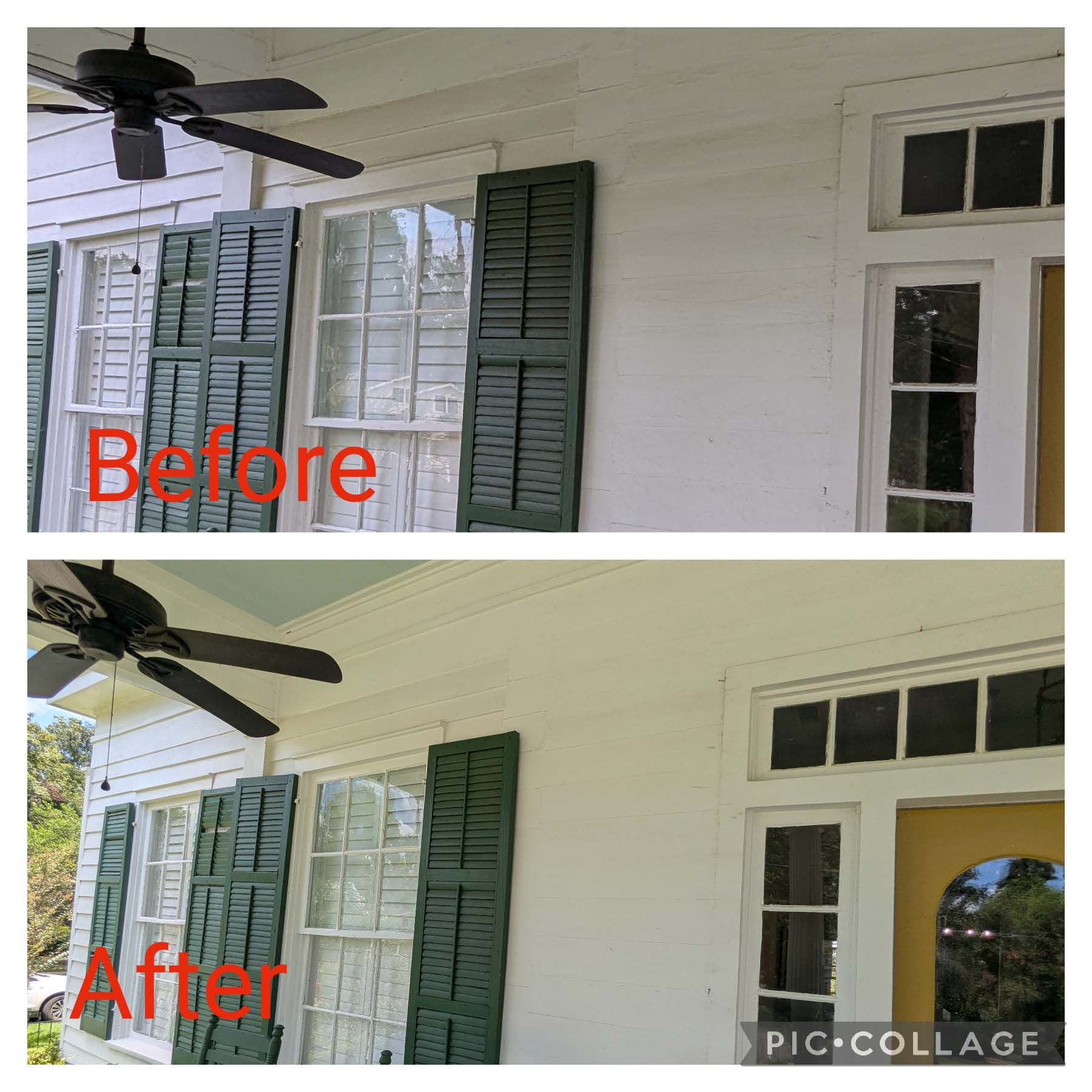 Porch shutter makeover: green shutters before, white shutters after on a house exterior.