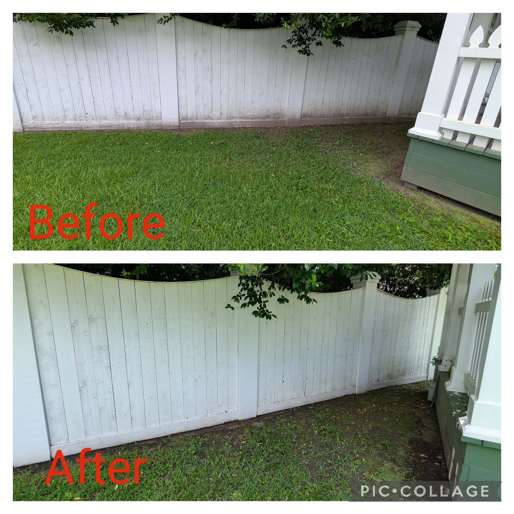 Before-and-after backyard lawn cleanup beside a white fence and porch, showing cleared leaves in the after view.