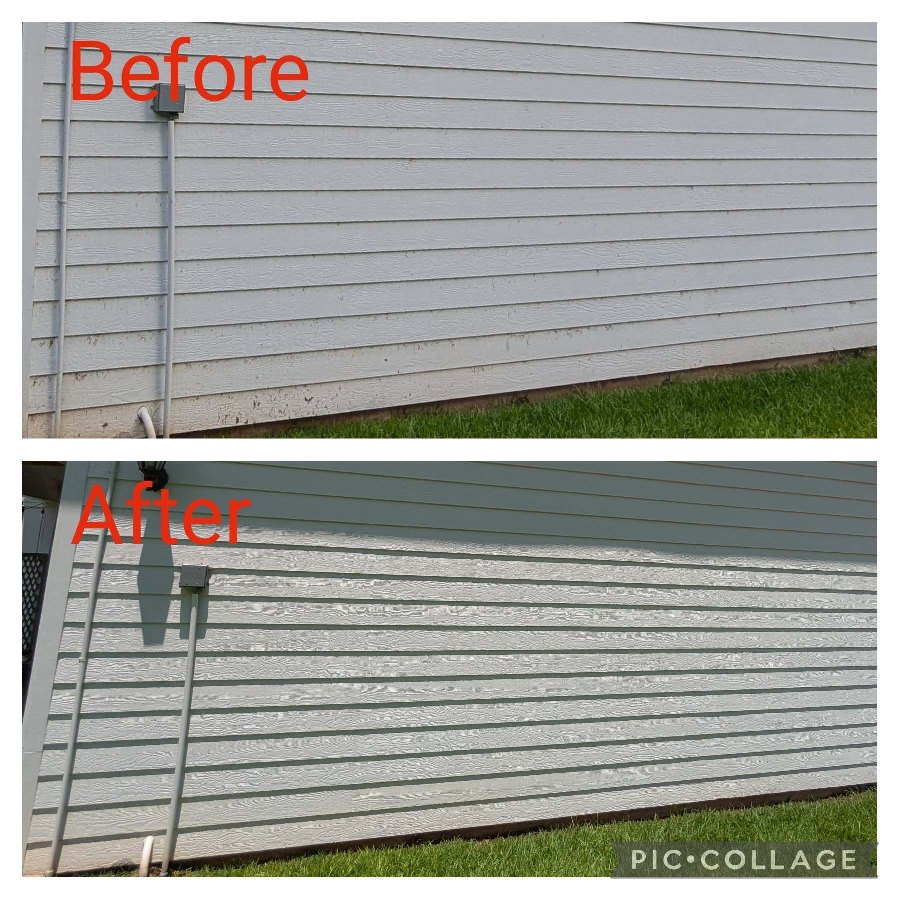 Before-and-after of a gray house wall, showing improved siding cleaning or repainting.