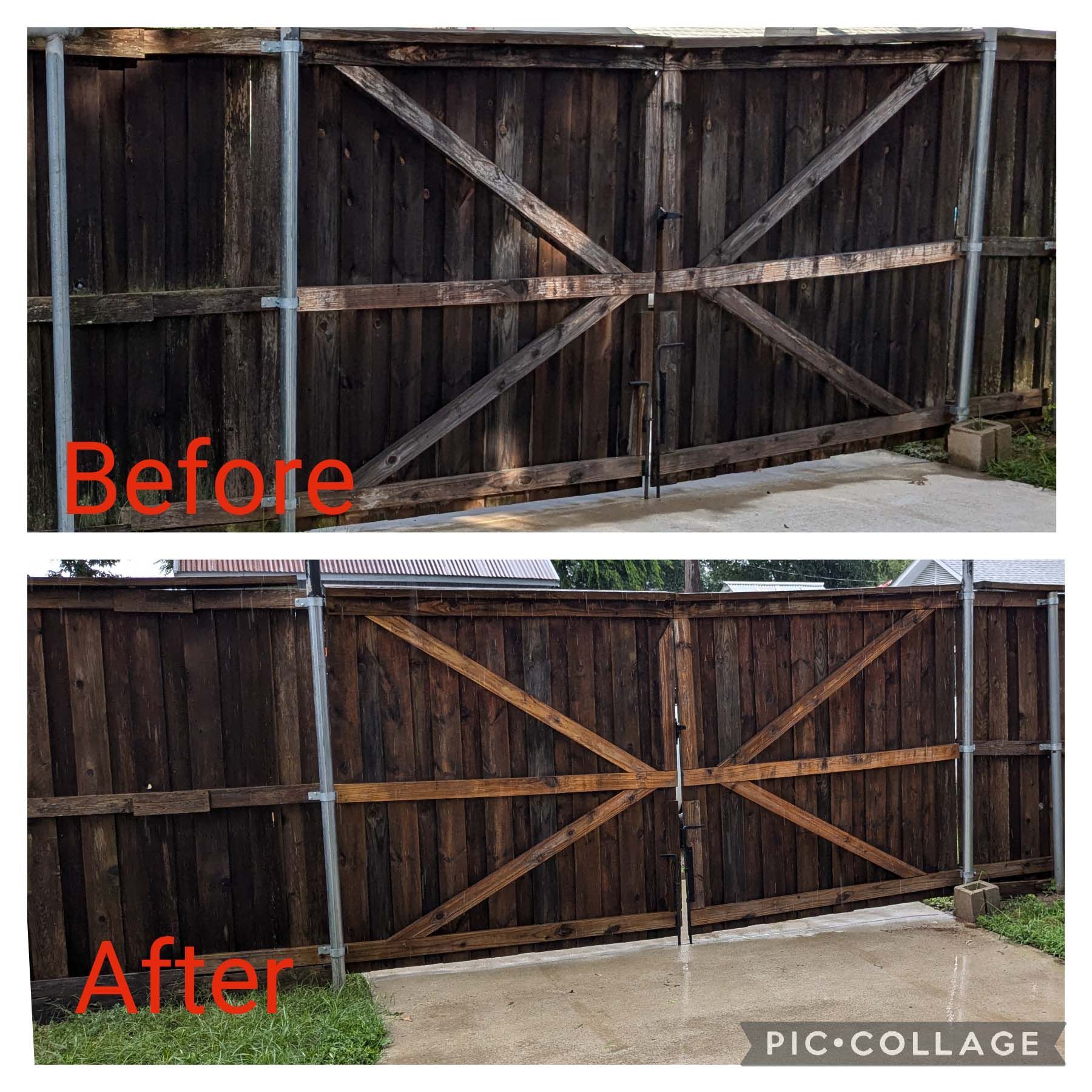 Before-and-after of a wooden fence gate, dark worn wood repainted brown in the after image.