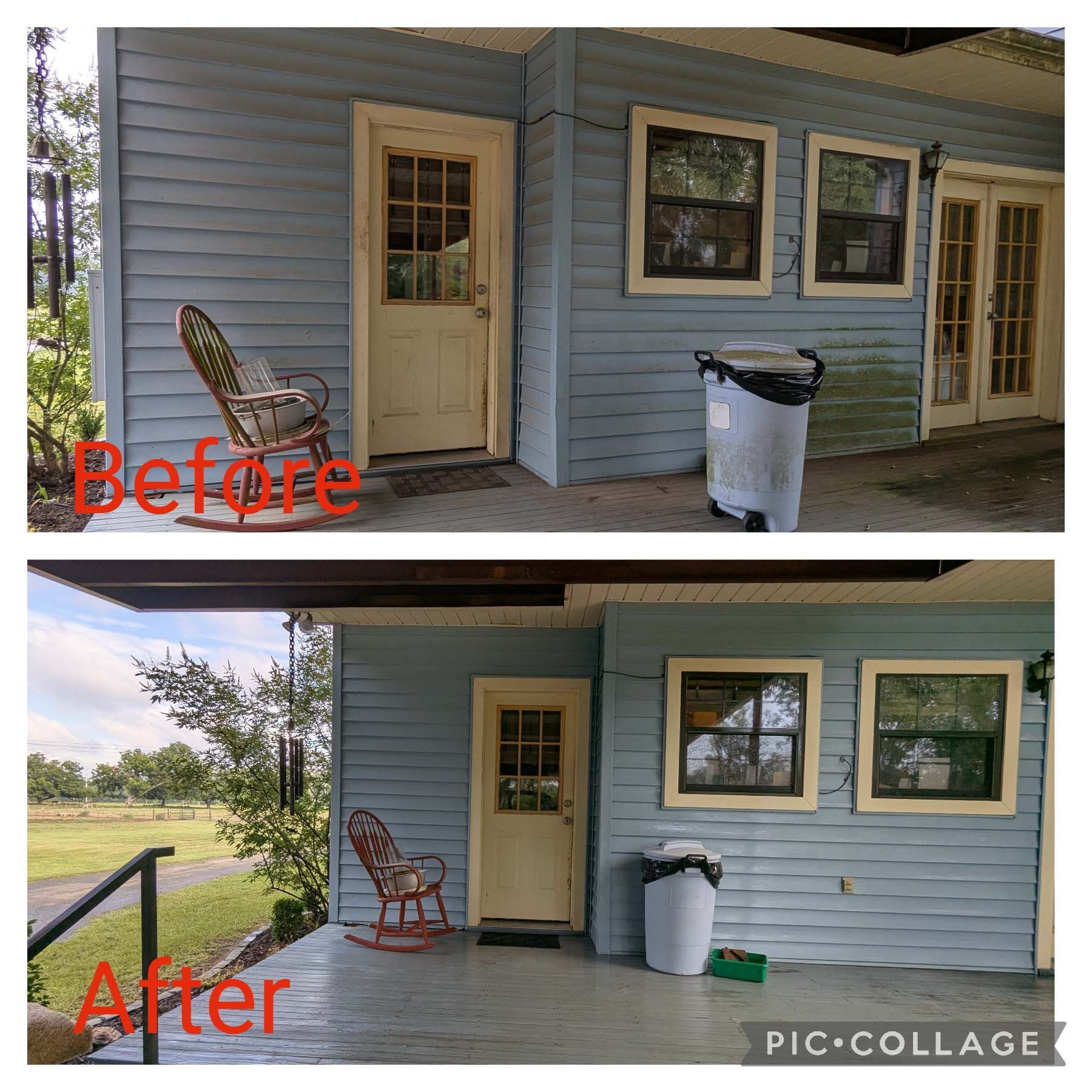 Before-and-after porch makeover of a blue house exterior, showing a cleared deck and rearranged chair.