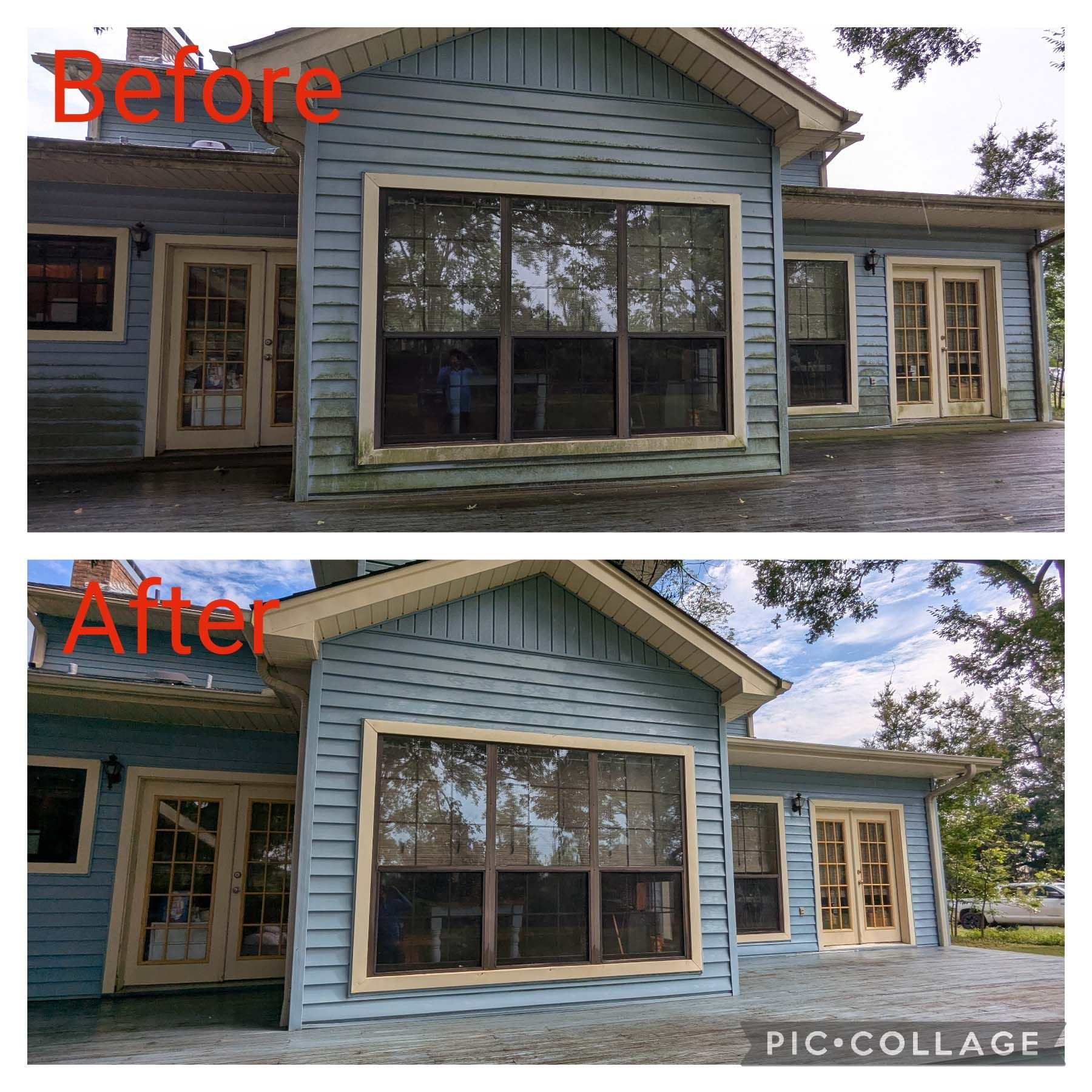 Before-and-after collage of a blue house exterior with a larger front window and brighter sky.