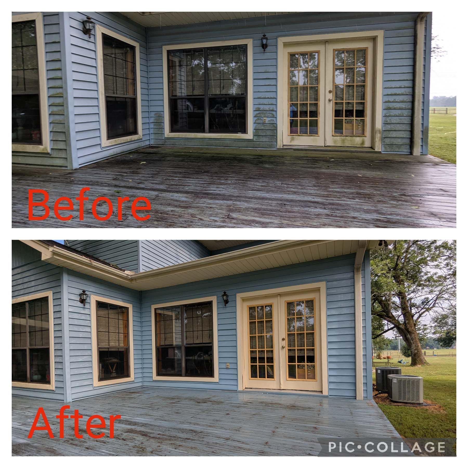 Before-and-after of a house porch: old worn doors replaced with new light wood French doors and refreshed trim.