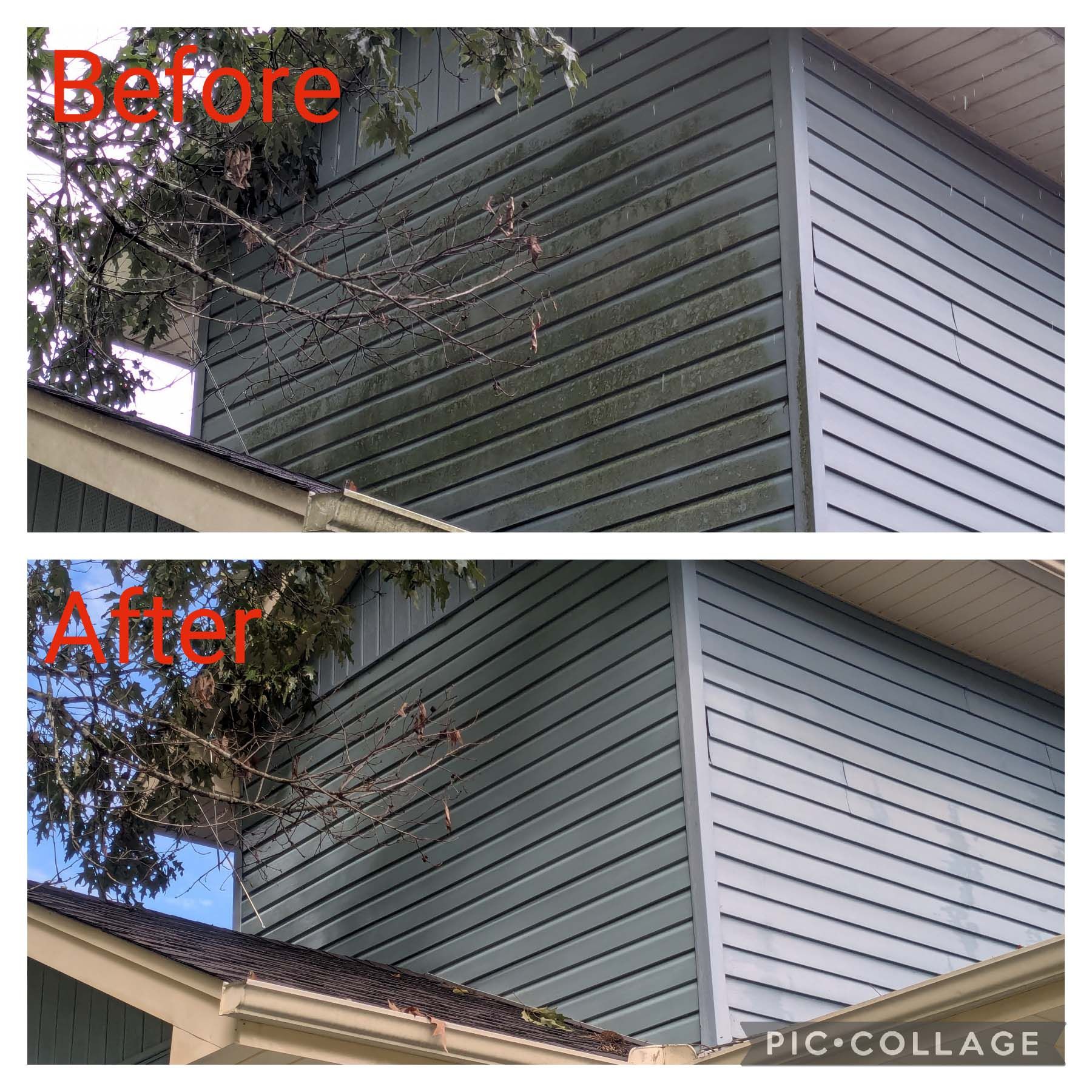 Before-and-after collage of a house exterior with cleaner gray siding and blue sky visible.