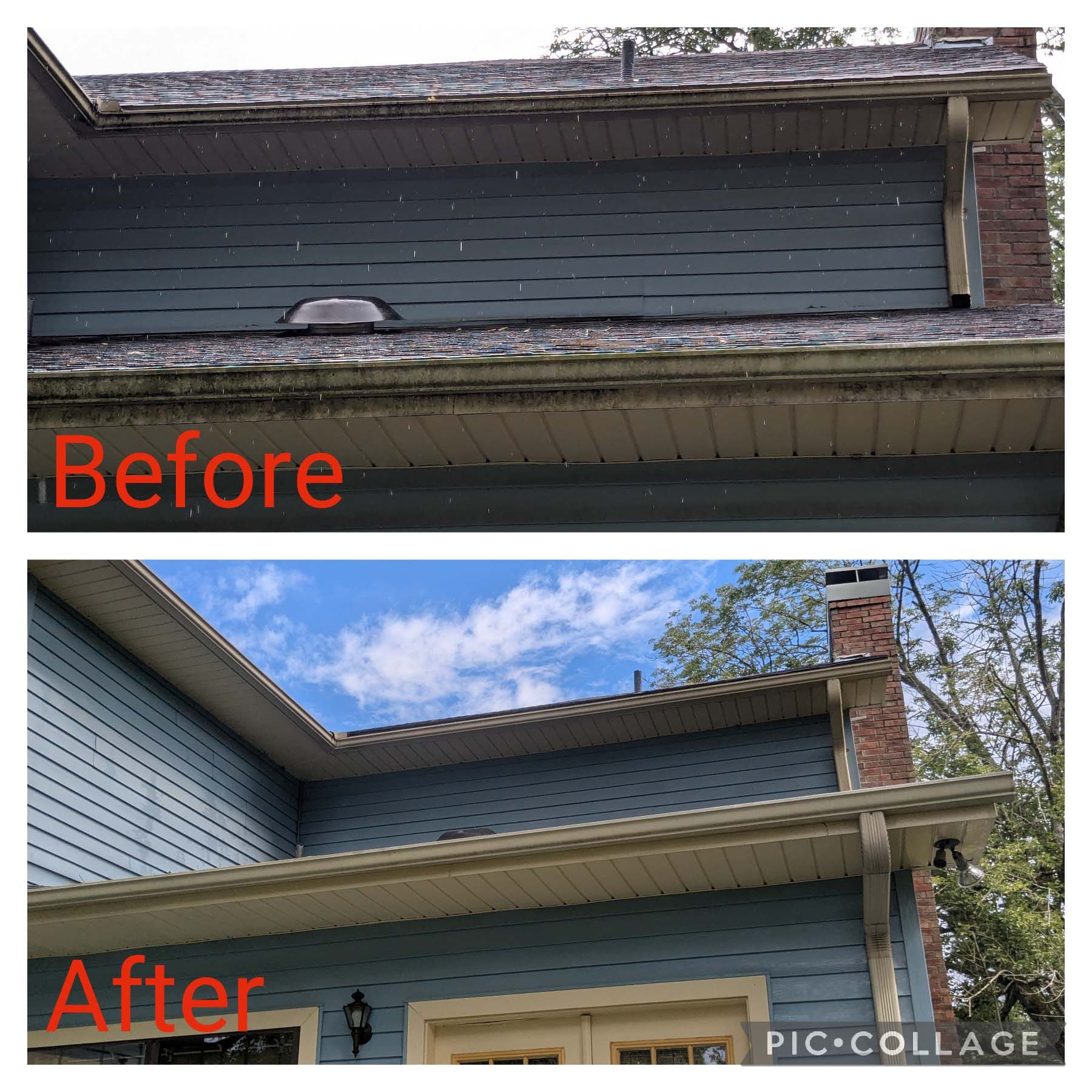 Before-and-after of a house roof and eaves repair, showing exposed roof opening changed to finished blue siding and soffit.