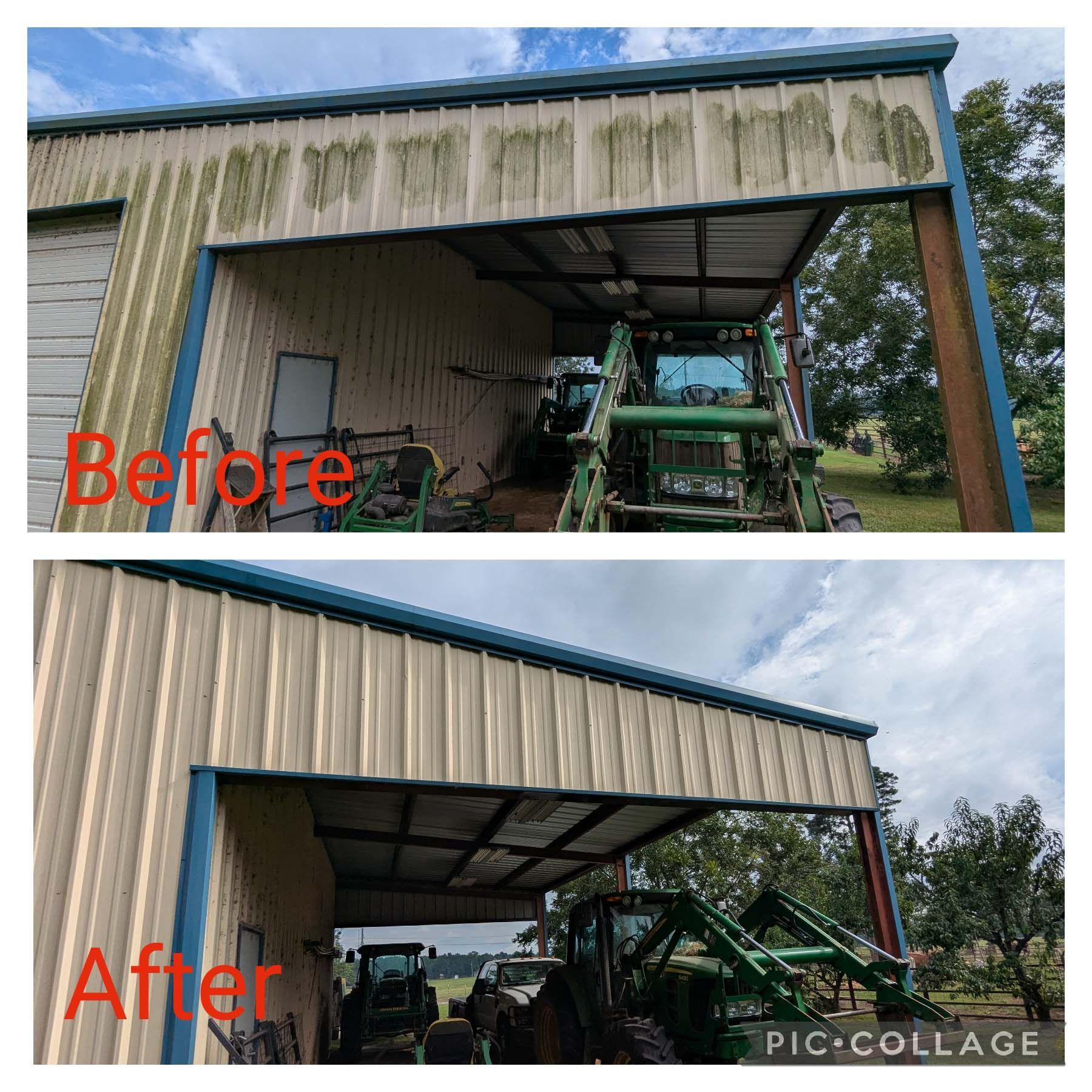 Before-and-after of a barn exterior repaint, showing weathered siding changed to tan with blue trim.