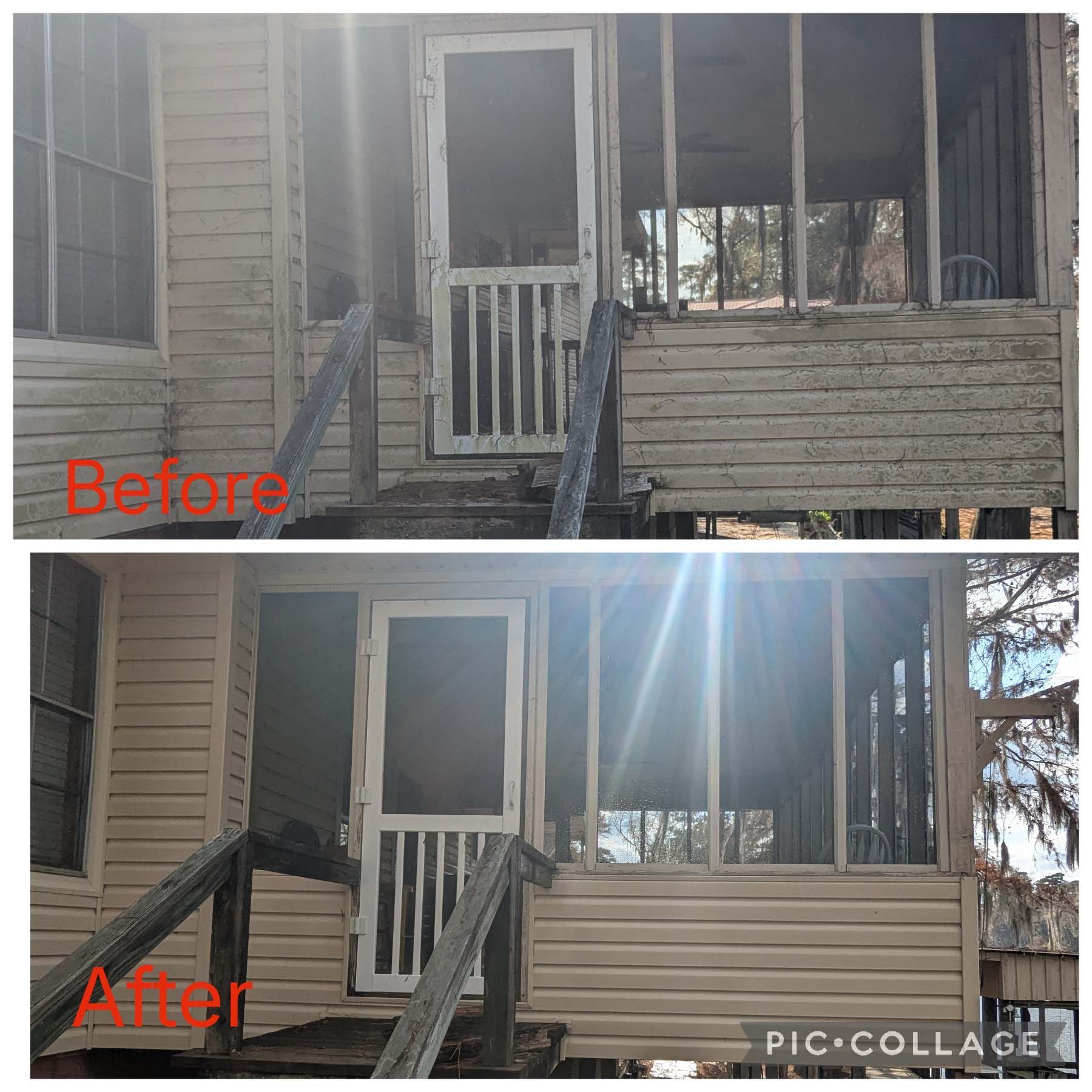 Before-and-after of a front porch with repaired siding and railing; damaged porch shown above, restored below.
