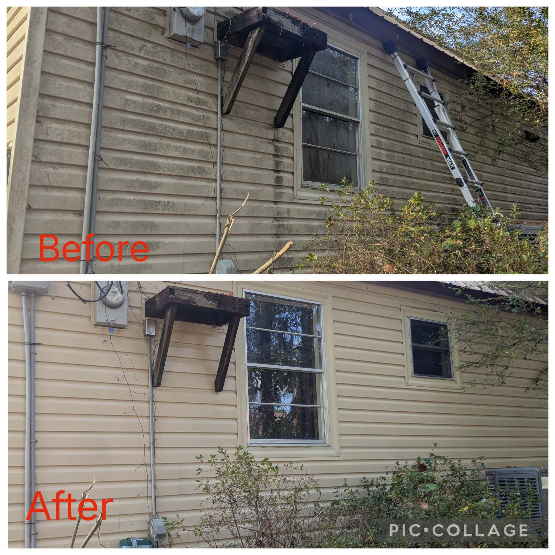 Before-and-after exterior wall repair: damaged siding replaced, new window installed, and awning removed.