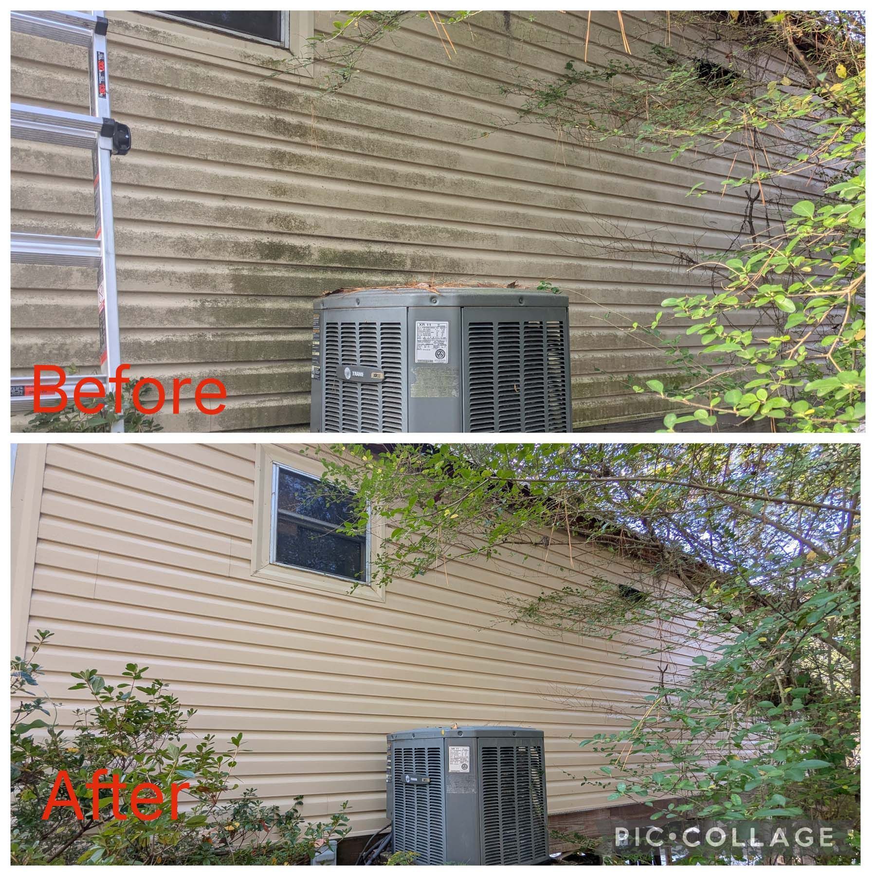Before-and-after of beige house siding cleaned around an outdoor AC unit and windows.