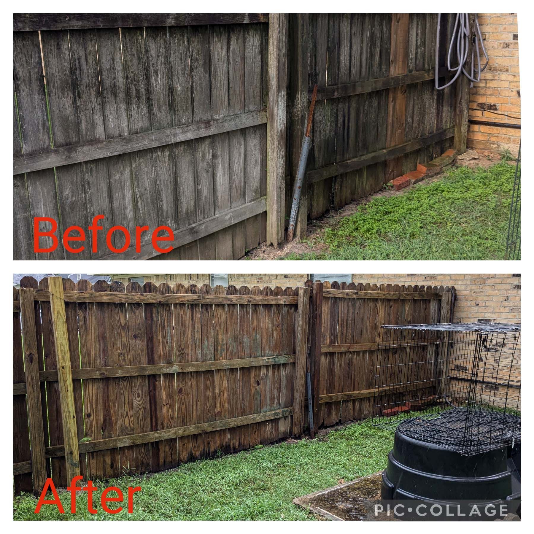 Before-and-after backyard fence cleanup and repair, showing a weathered gray fence turned into a cleaned brown fence.
