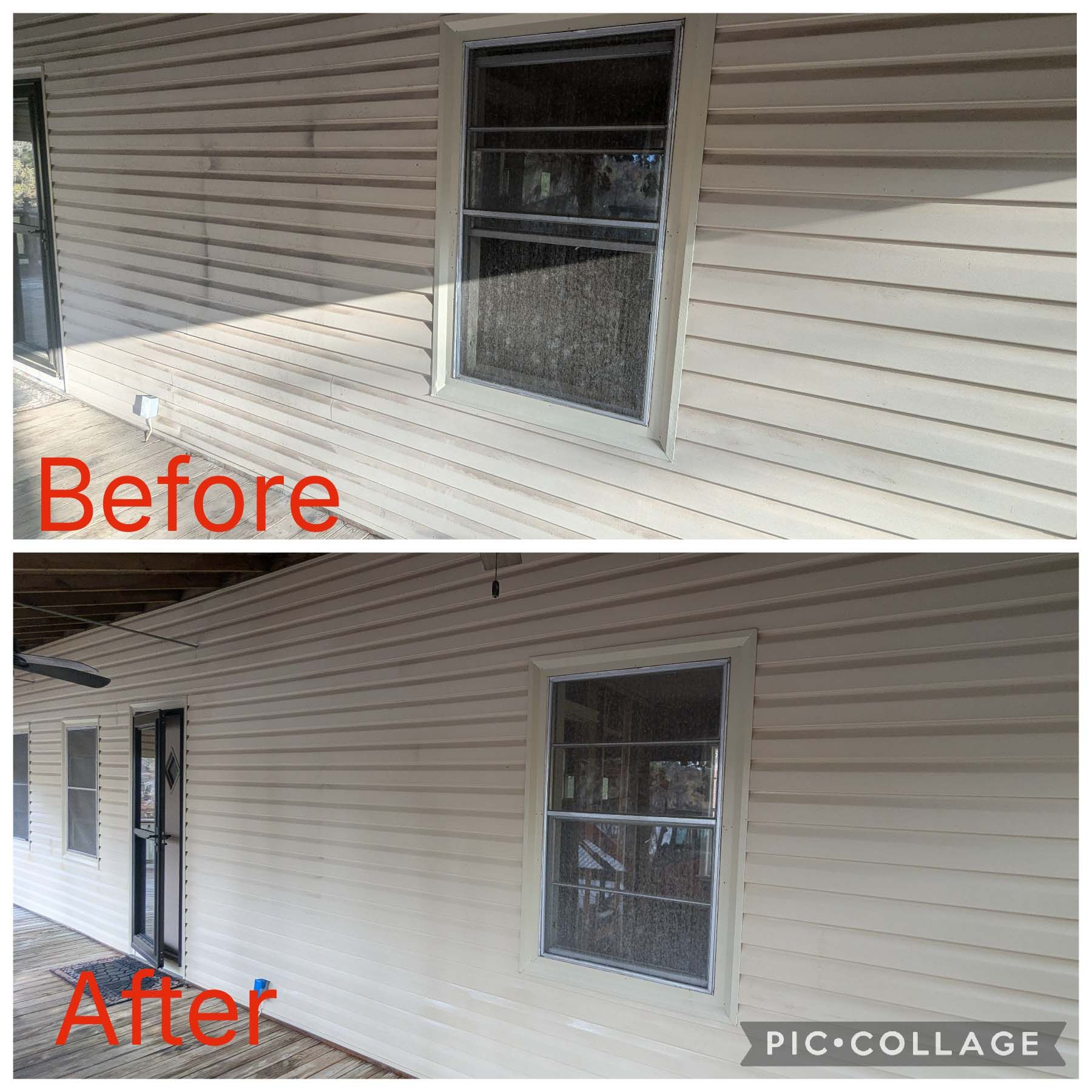 Before-and-after of a house exterior with beige siding and updated windows.
