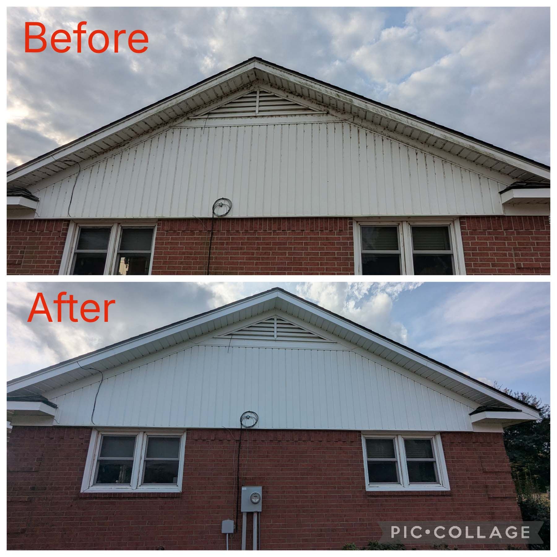 Before-and-after of a house gable: white siding repainted brighter, above red brick exterior.
