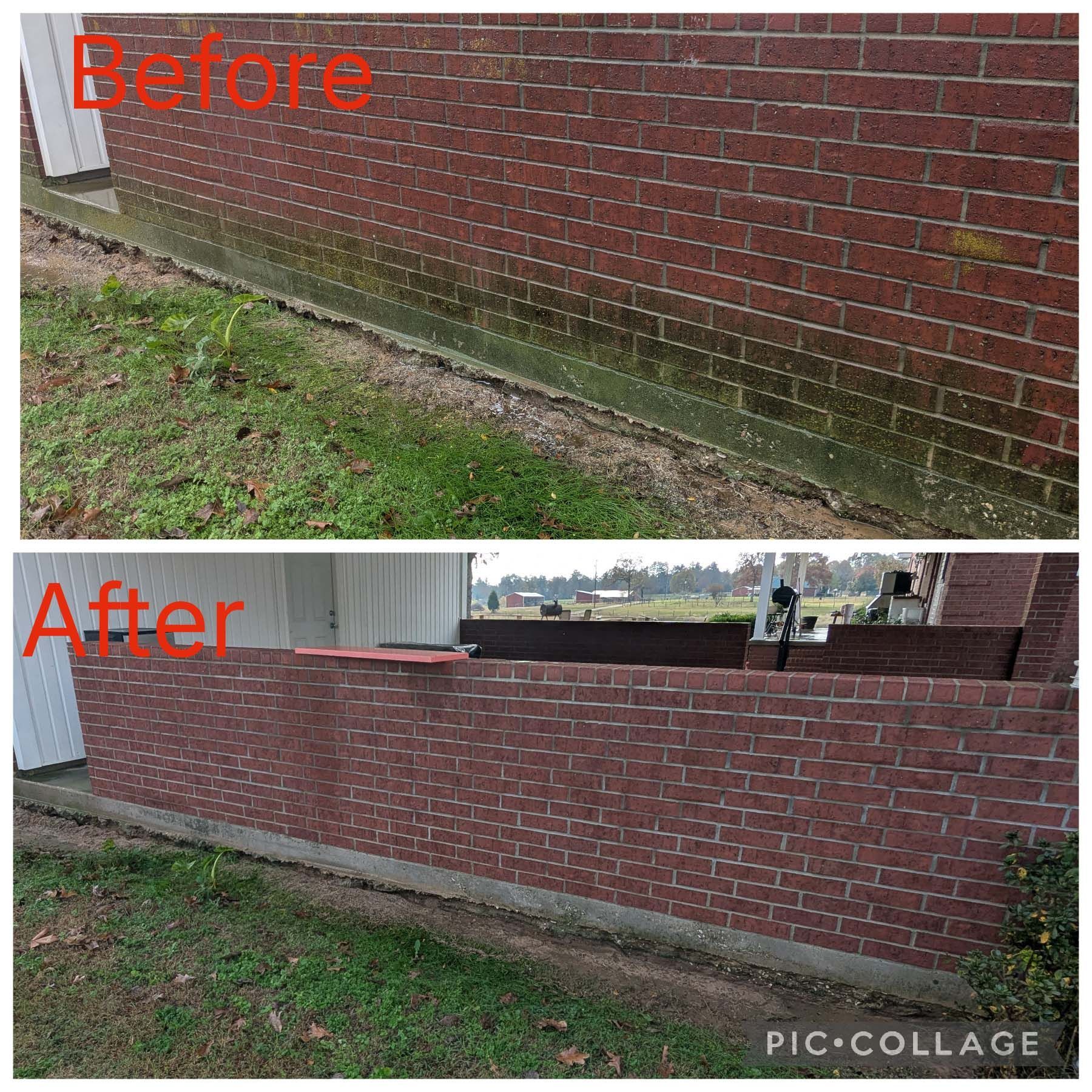 Before-and-after of a brick wall, showing mossy lower bricks cleaned and repaired in the after view.