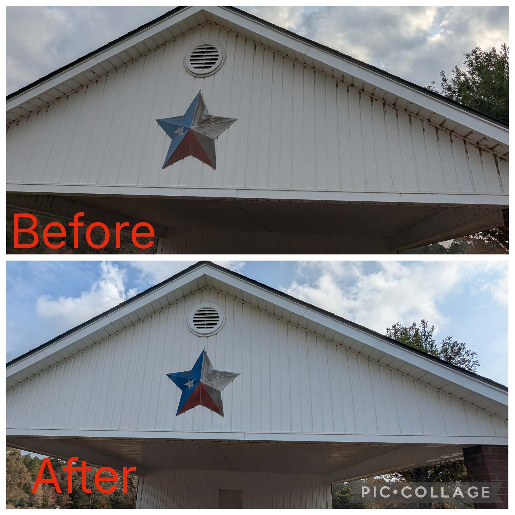 Before-and-after view of a house gable painted white, with a star decoration centered under the roof peak.