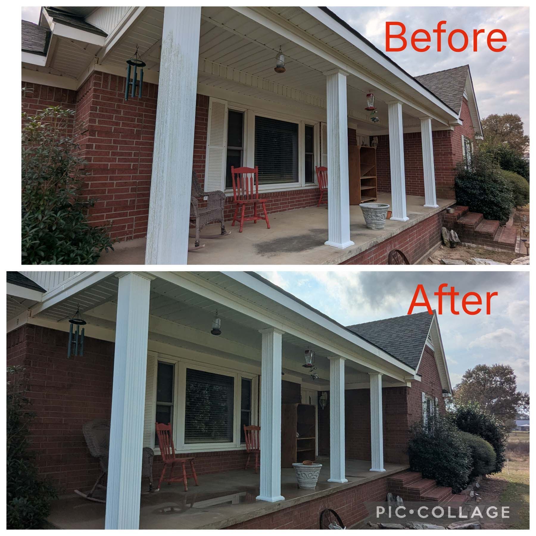 Porch before-and-after: white columns cleaned and repainted on a brick house, with updated siding and trim.