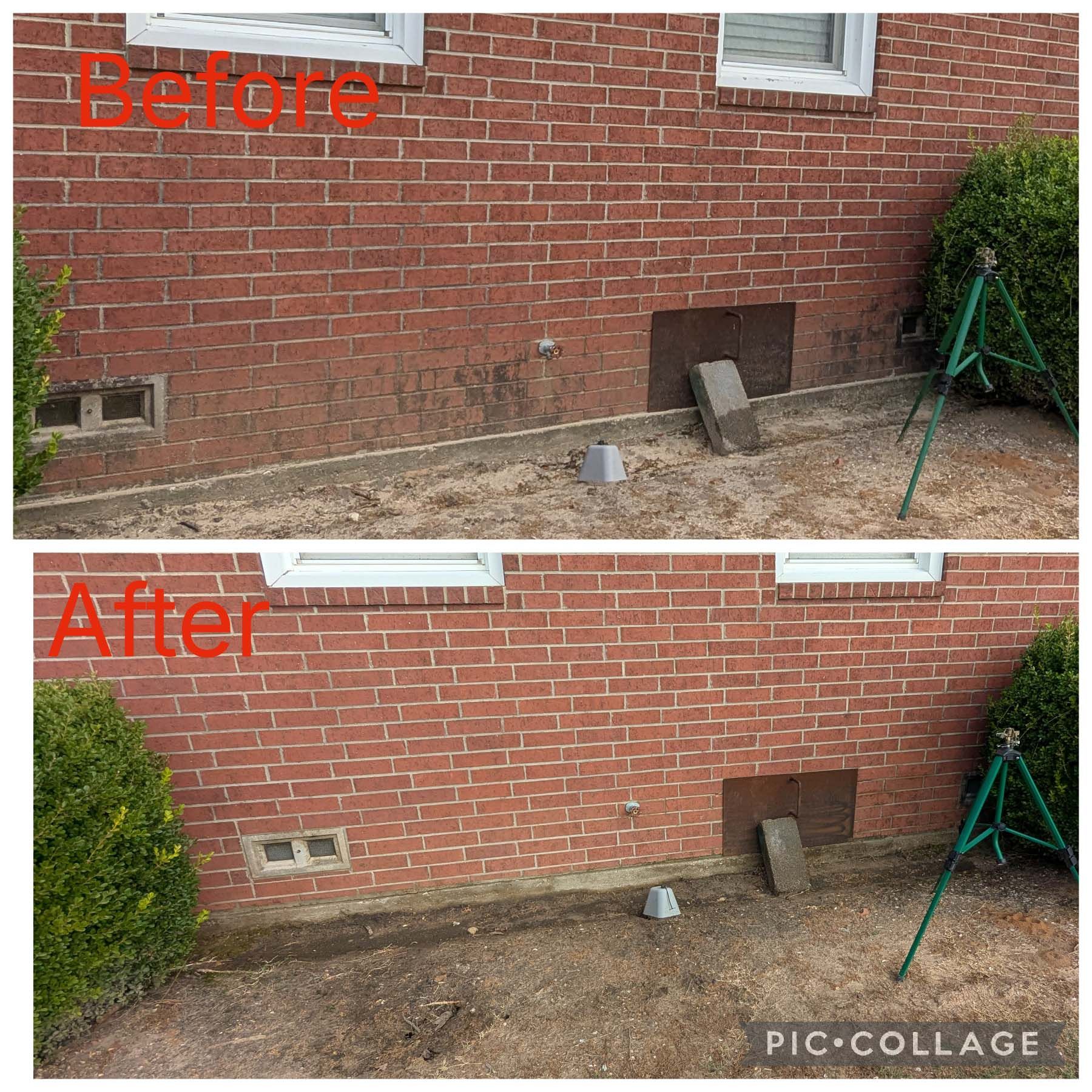 Before-and-after collage of a brick wall with a repaired vent opening and cleared dirt along the foundation.