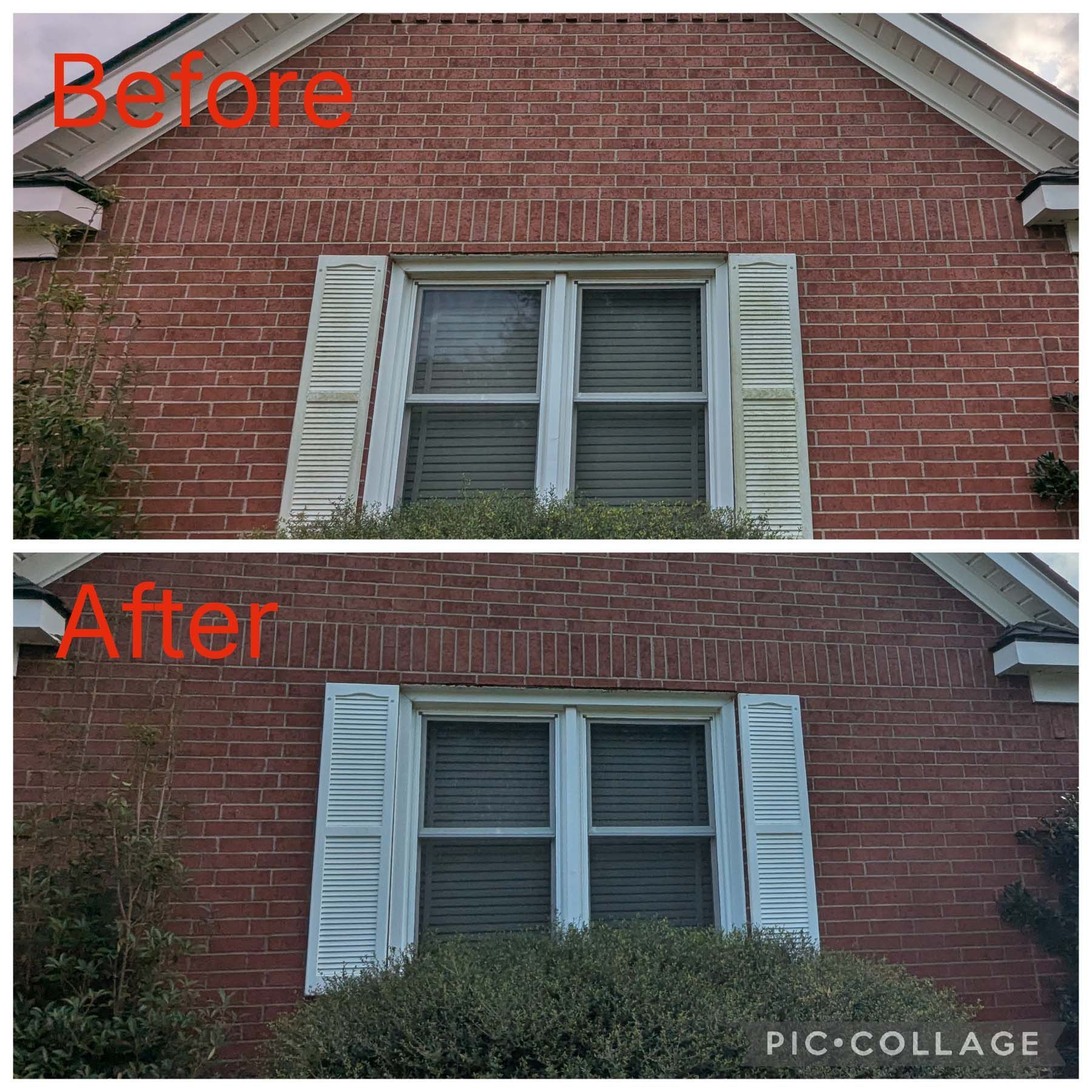 Before-and-after photo of a brick house window with white shutters and darker blue trim after landscaping.