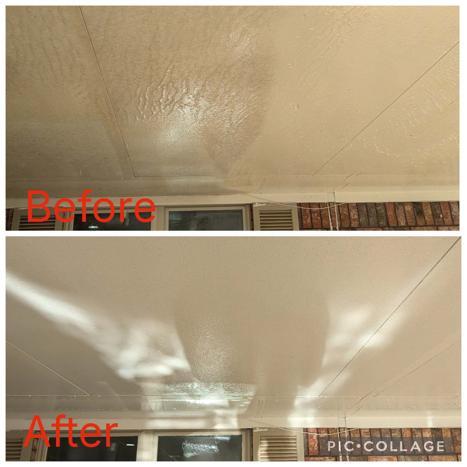 Split image of a beige ceiling before and after repair, showing stains and reflective water damage removed