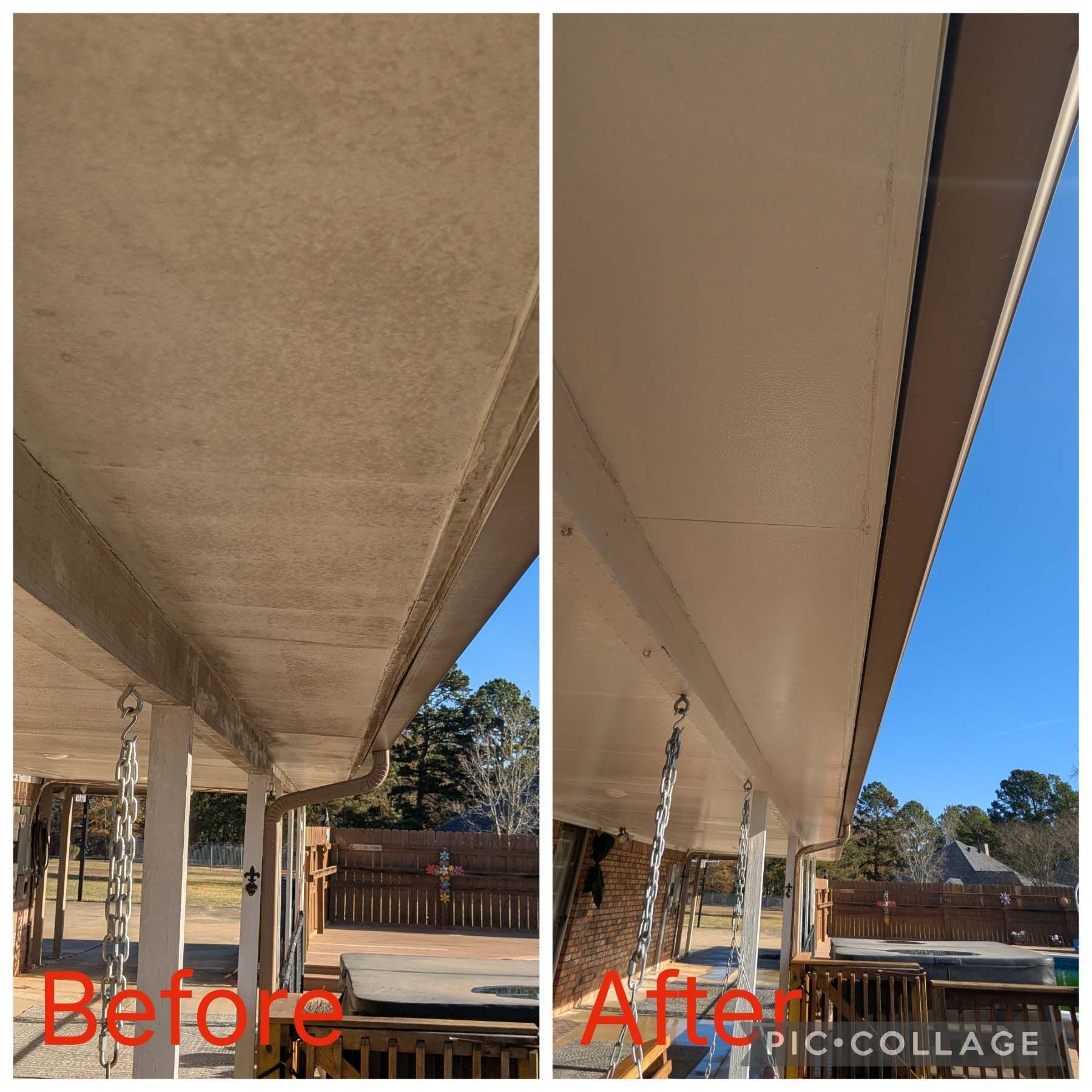 Before-and-after view of a house eave/soffit repair, showing damaged underside on the left and finished white trim on the right.