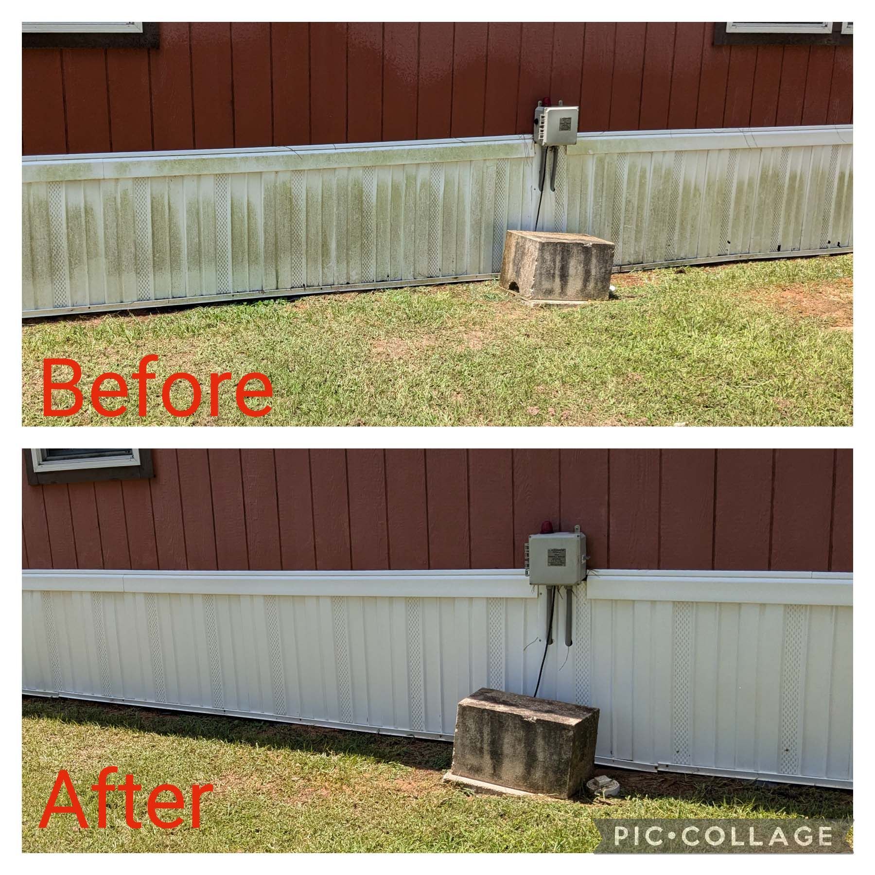 Before-and-after yard photo: a stump near a fence is removed, leaving a clearer lawn.
