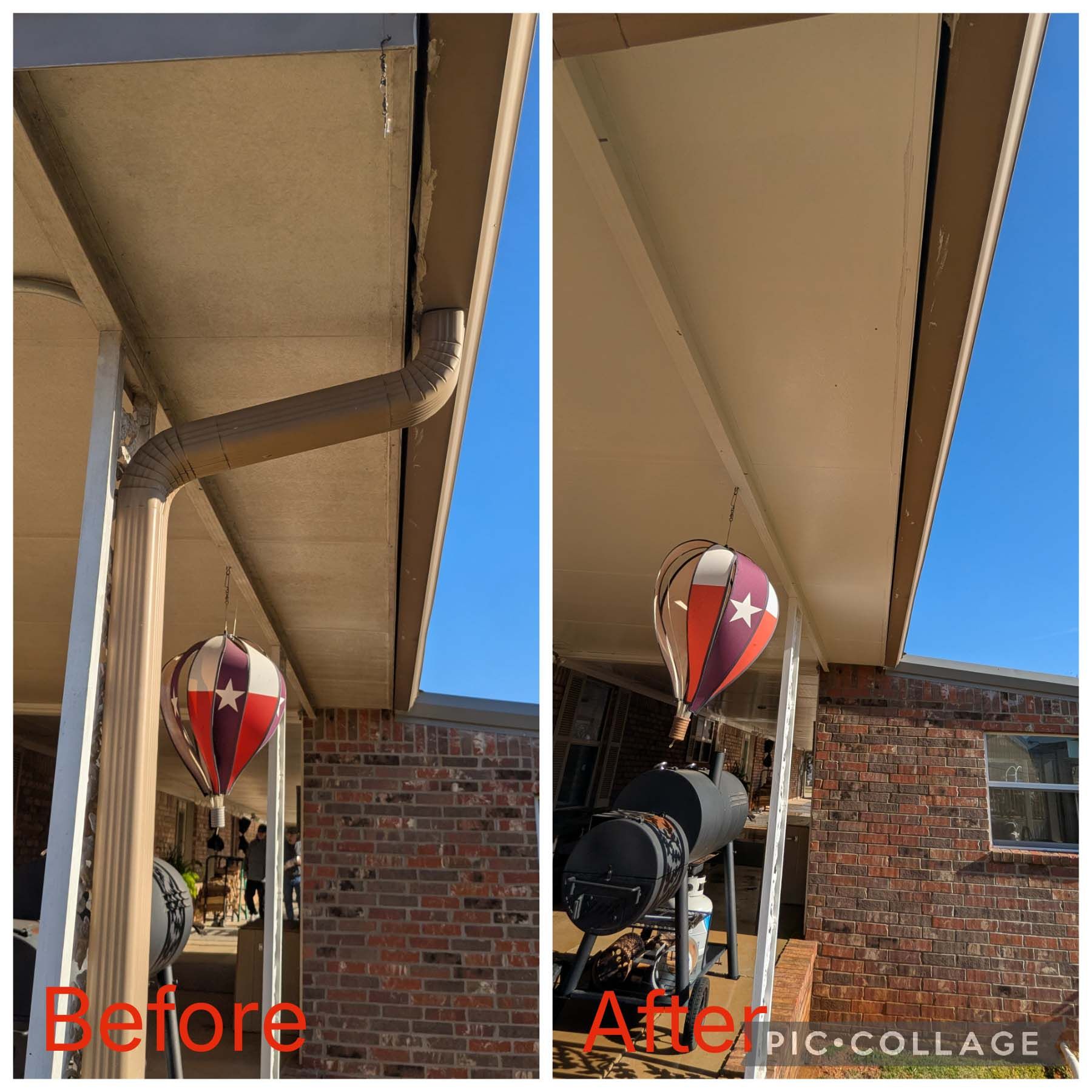 Before-and-after view of a porch ceiling repair, with a red balloon hanging under the eaves.