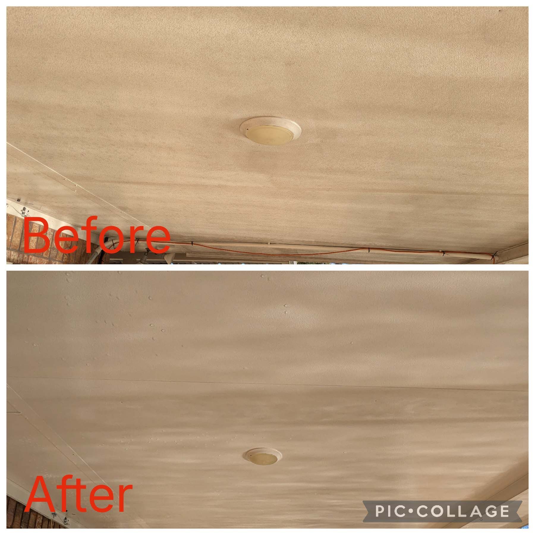 Side-by-side before-and-after of a wood surface showing a repaired dent or hole.