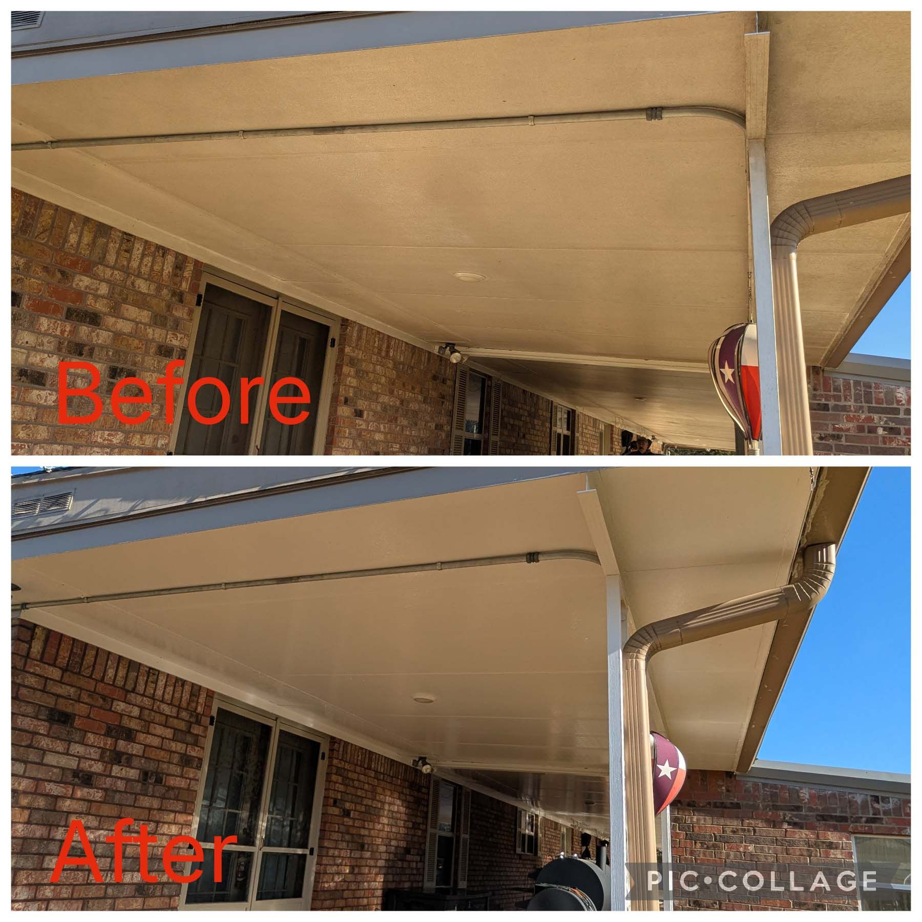 Before-and-after view of a beige awning repair under a brick building exterior.