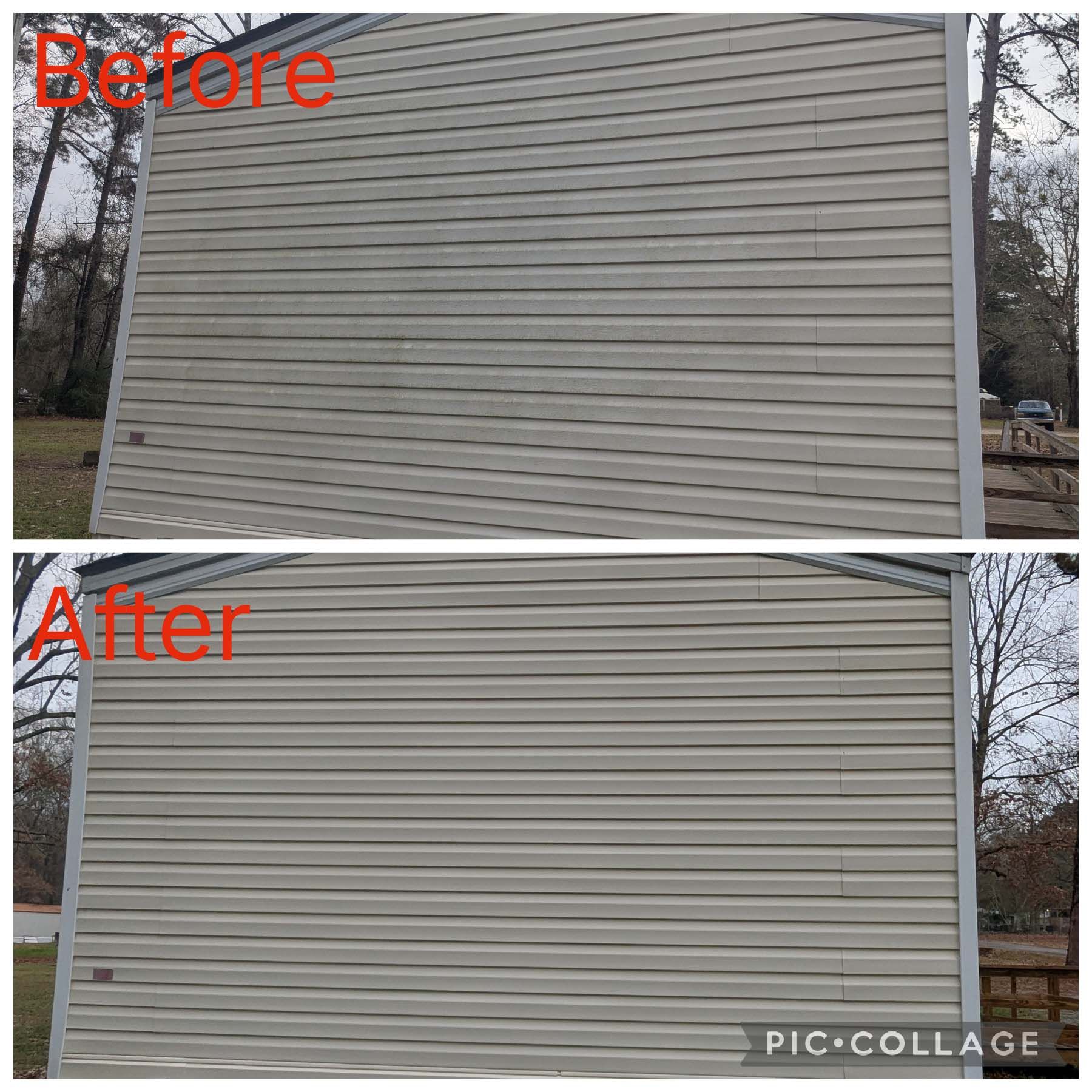 Before-and-after collage of a house exterior wall, showing a cleaner beige siding finish after restoration.