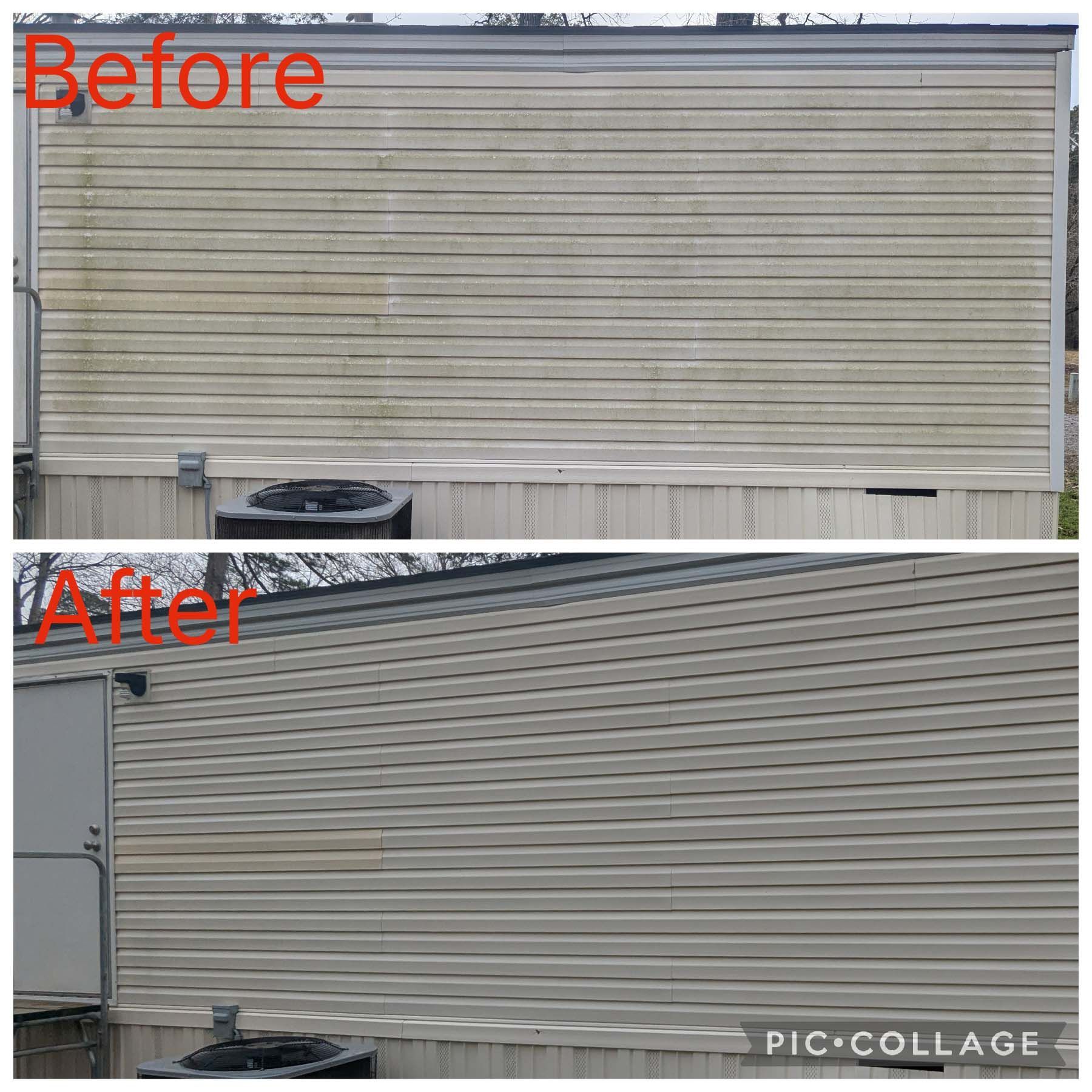 Before-and-after of a beige house wall with horizontal siding, showing the surface cleaned or repaired.