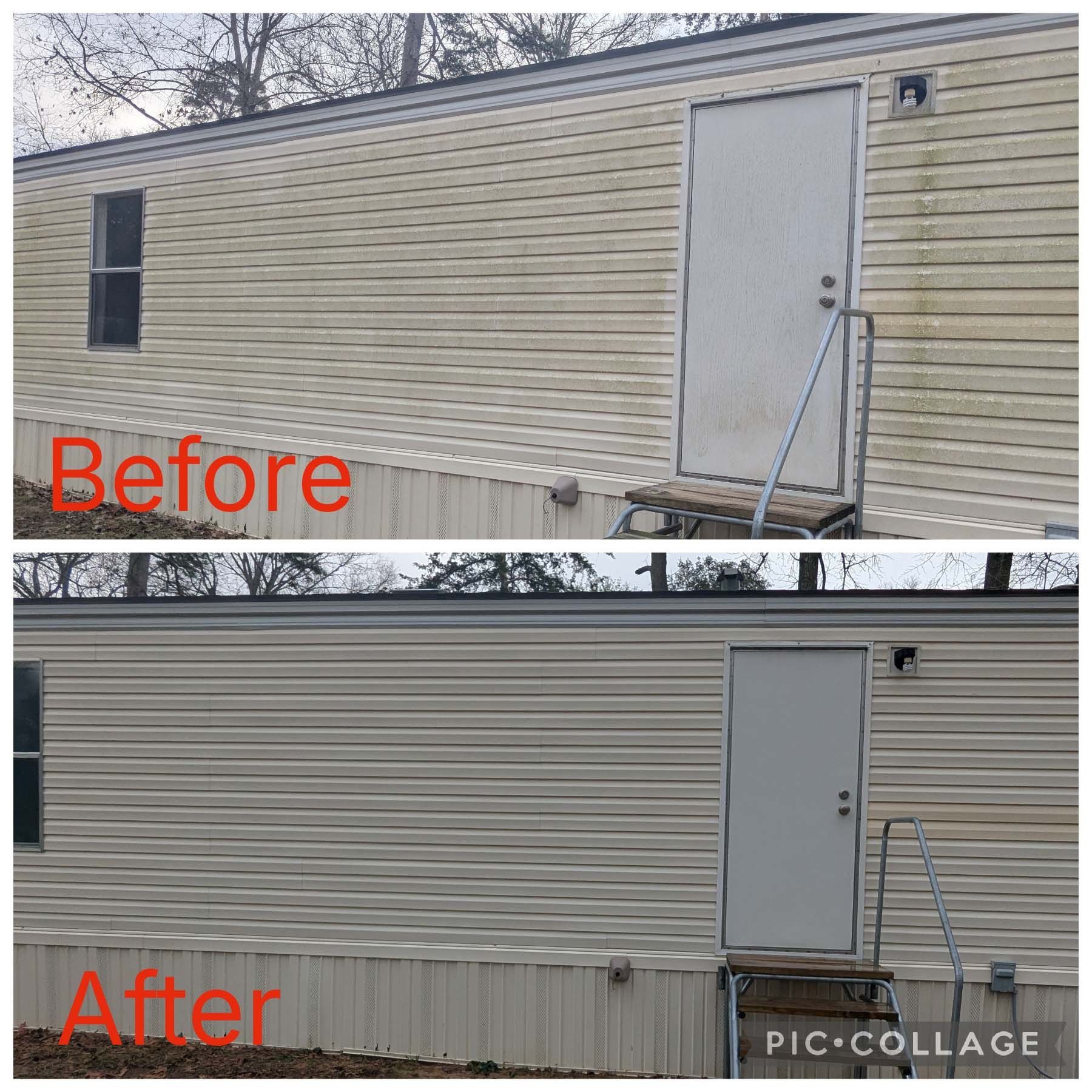 Before-and-after of a mobile home exterior with siding cleaned/repaired and a door added or repainted.