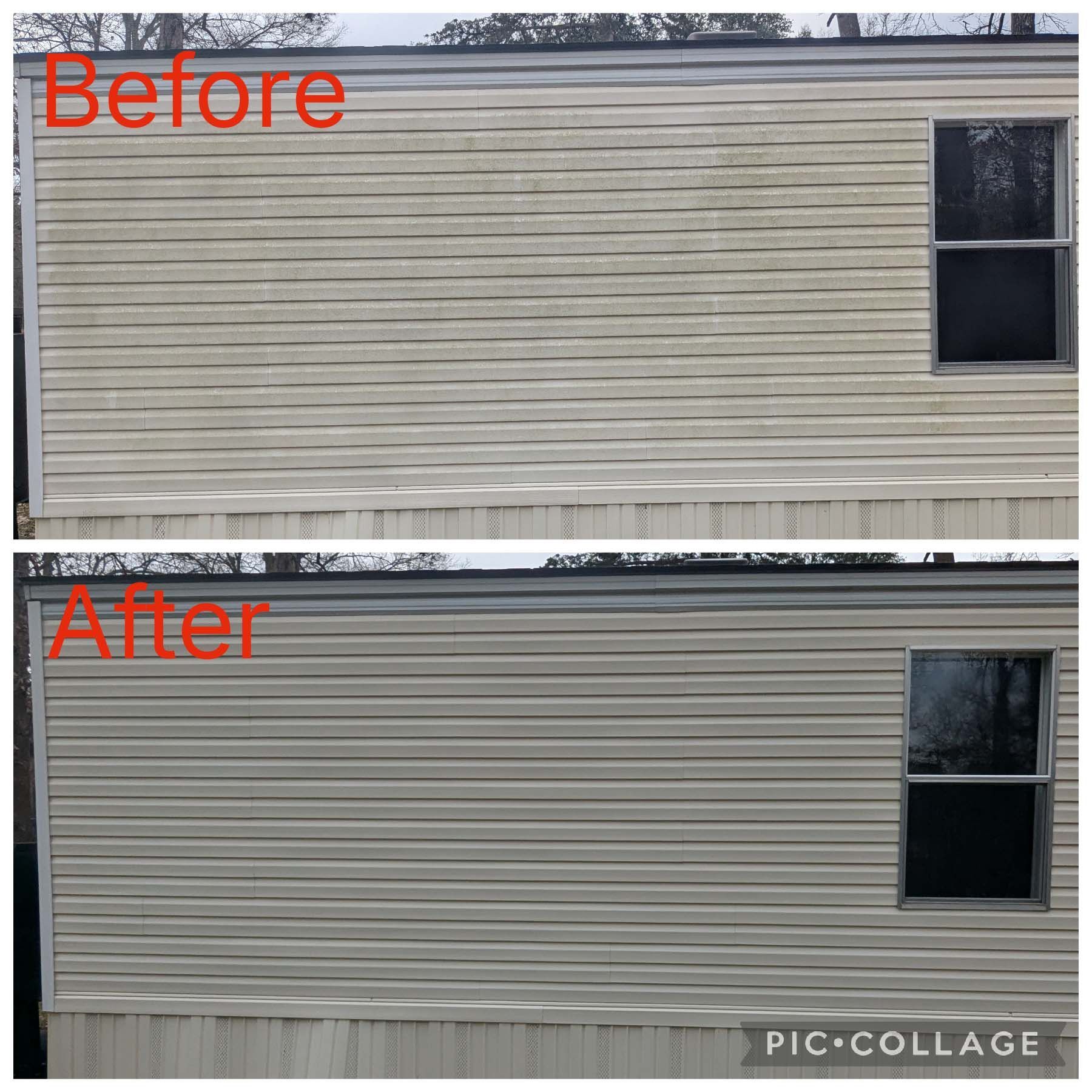 Before-and-after view of a house exterior wall with lighter siding in the top photo and darker siding in the bottom.