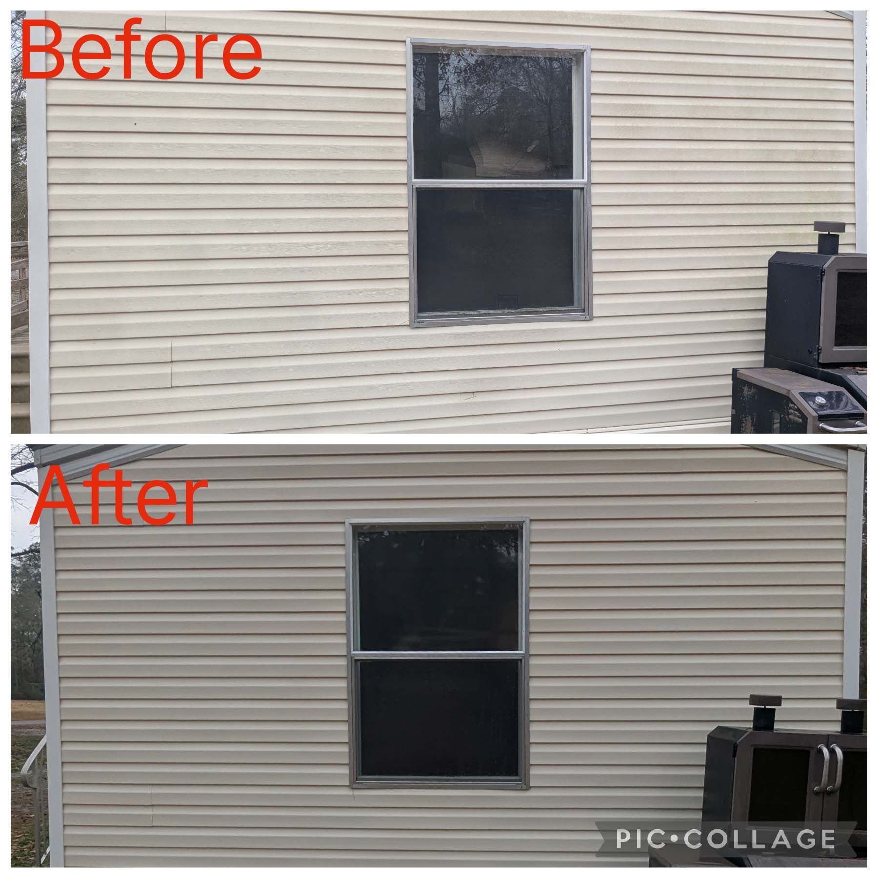 Before-and-after view of a house siding and window, showing a cleaner, darker window in the after image.