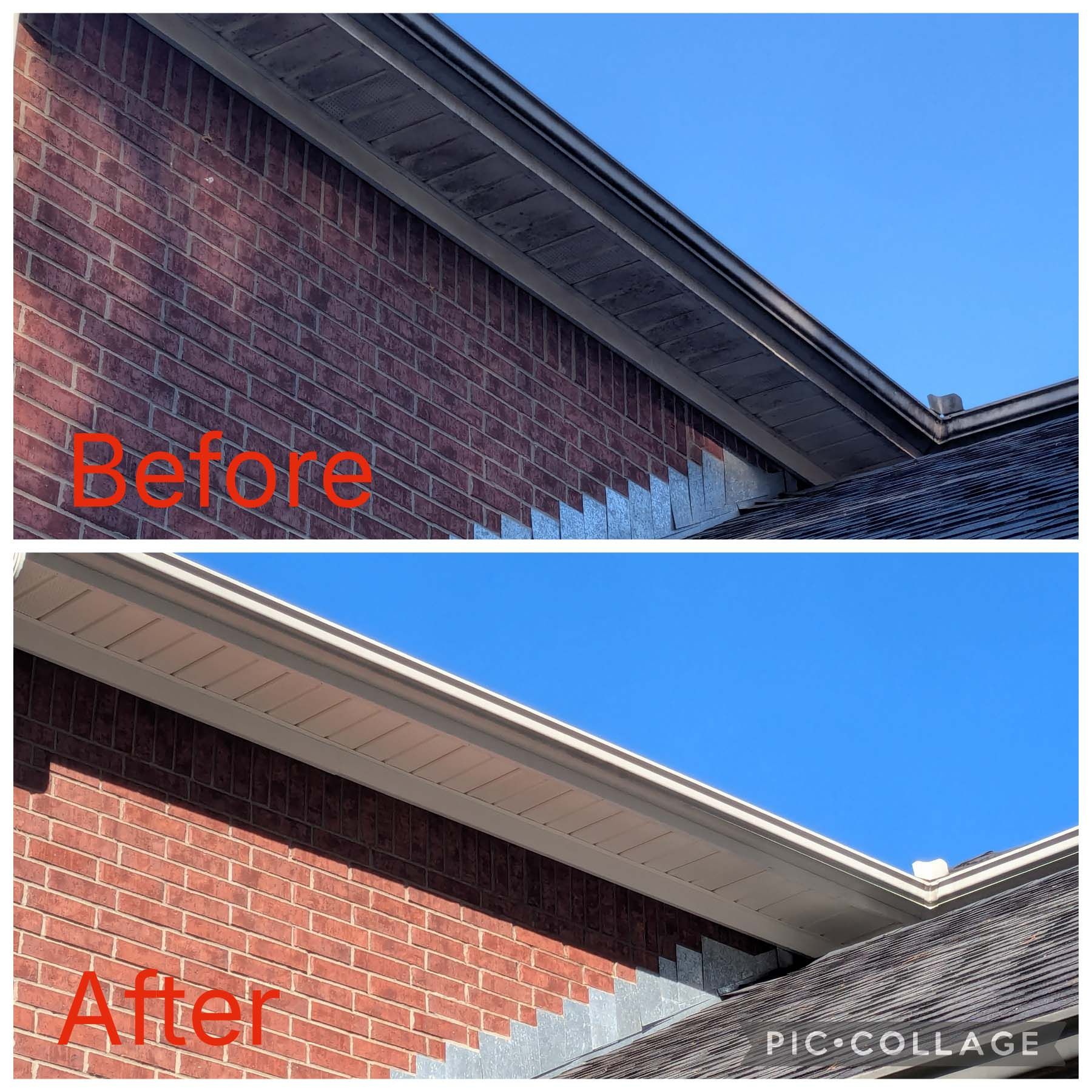 Before-and-after of a house roof eave and brick wall, with trim and soffit cleaned up in the after shot.