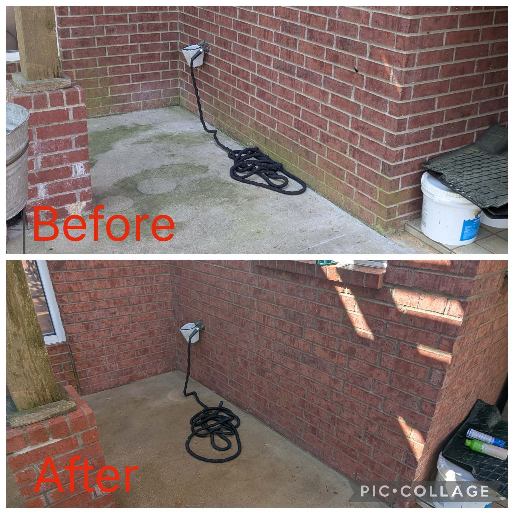 Back patio corner before and after cleanup, showing coiled hose and cleaner concrete surface