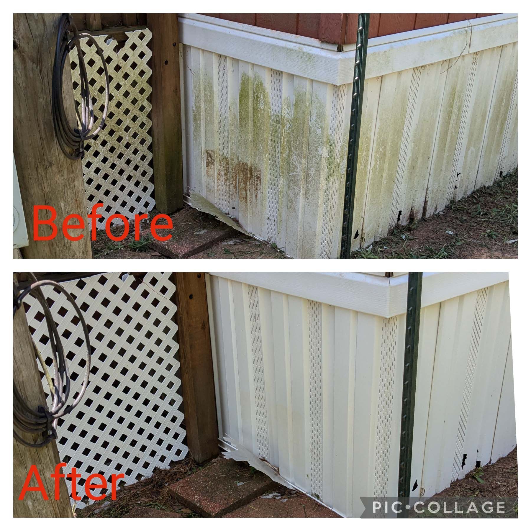 Before-and-after of a stained white fence cleaned to bright white next to a brown lattice wall.