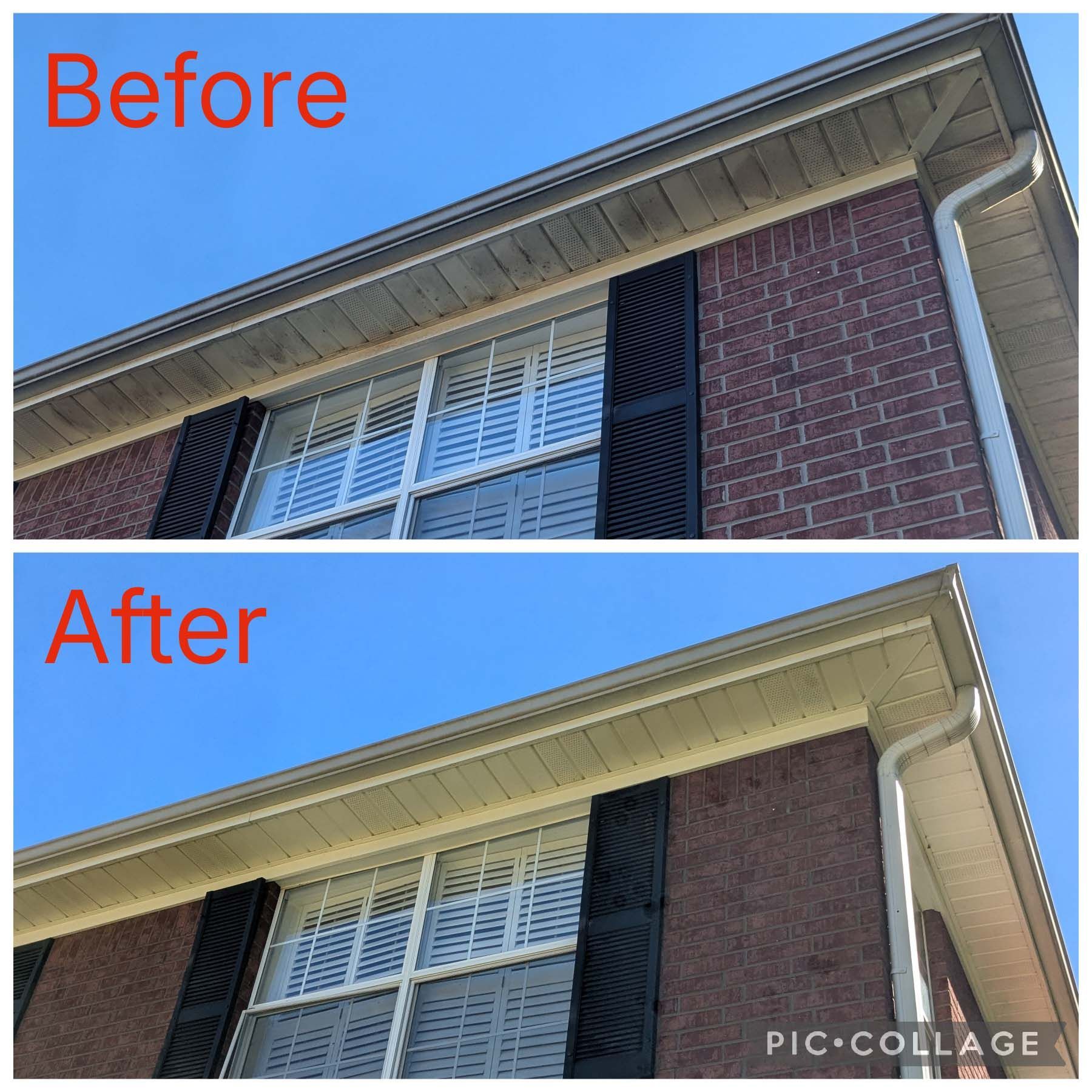 Before and after of a brick house exterior with dark shutters changed to a lighter brown.