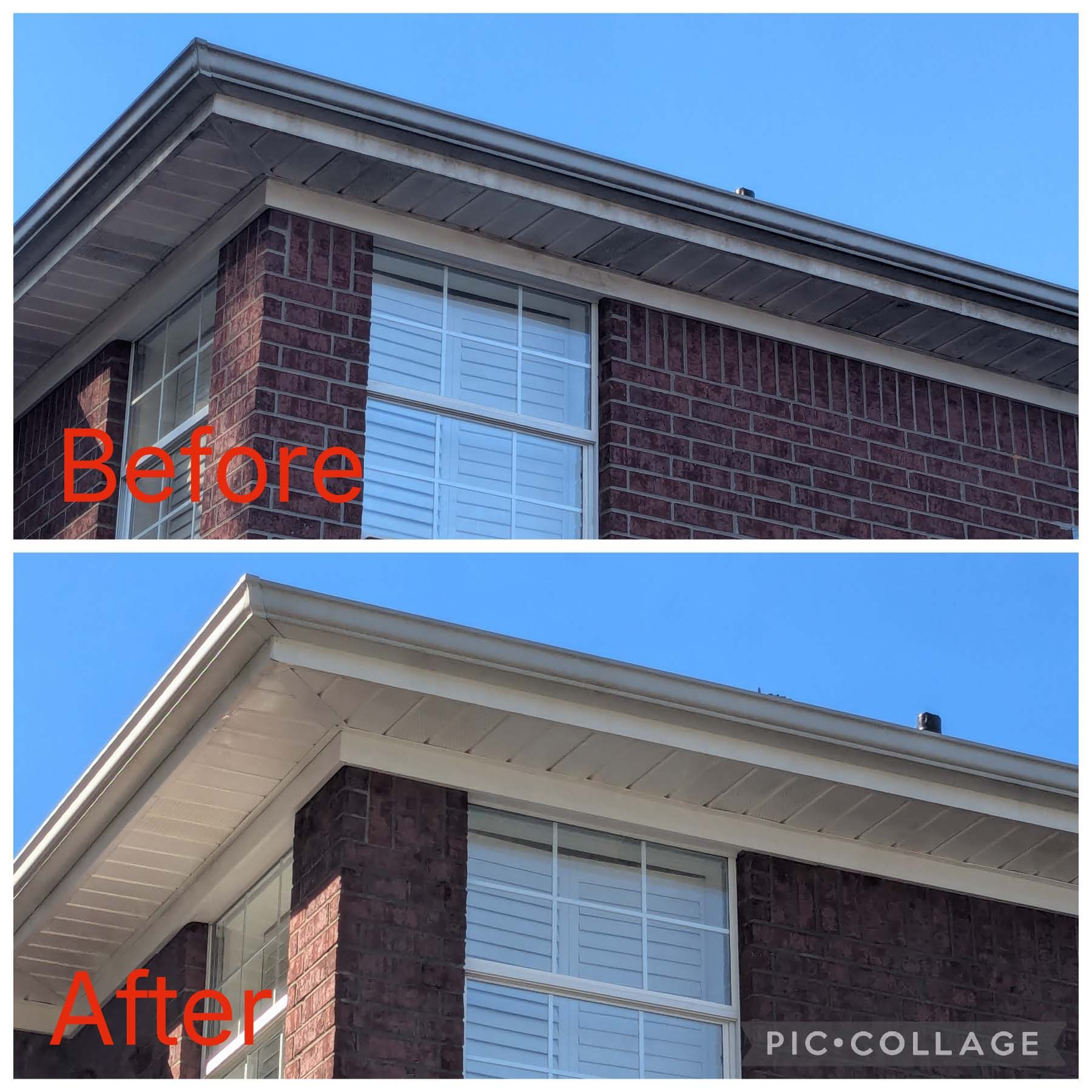 Before and after view of a house roof eave repaint: dark trim becomes white.