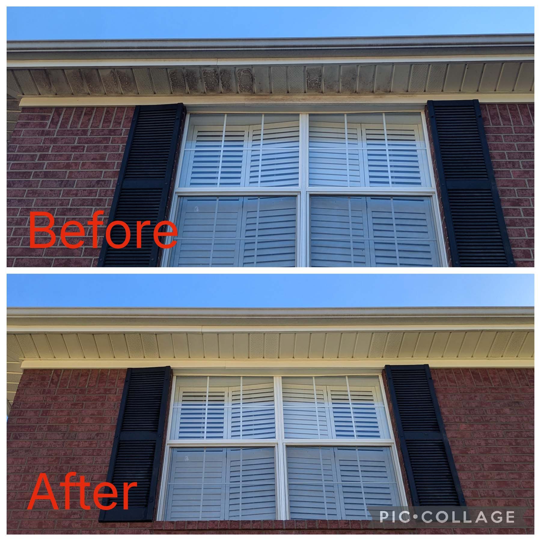 Before-and-after of a brick house window with shutters and updated white trim and soffit.