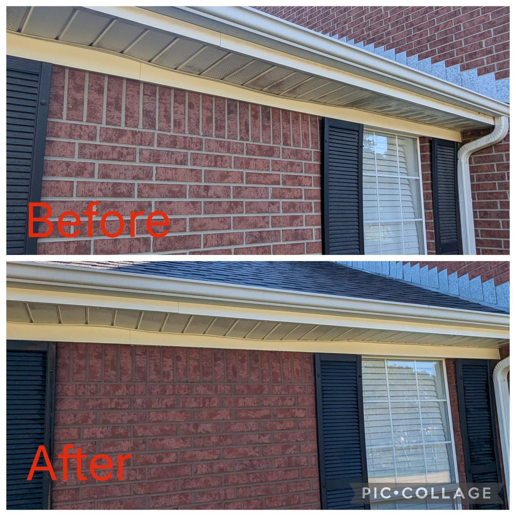 Before-and-after of a brick house exterior showing red brick changed to darker stained brick.
